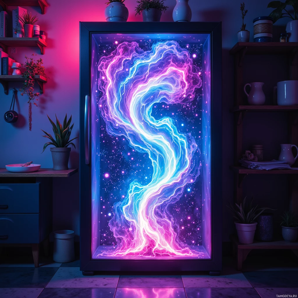 A vibrant, cosmic-themed refrigerator door with swirling galaxy patterns and glowing stars.
