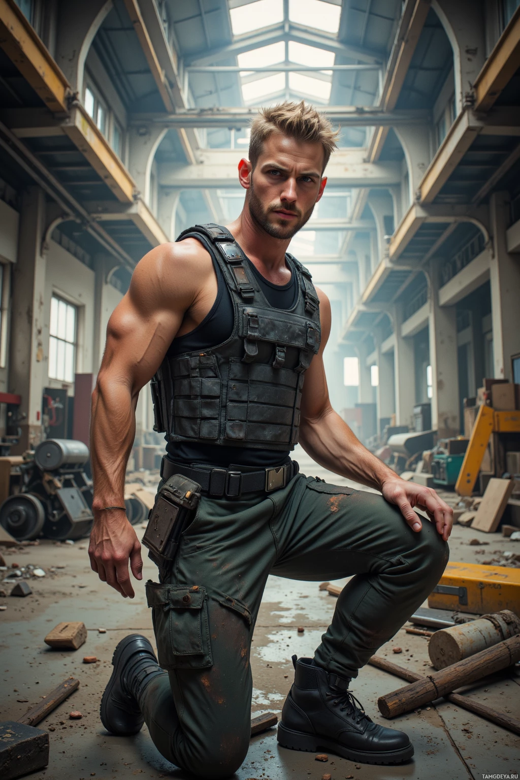 A muscular individual in tactical gear poses in a dilapidated industrial setting.