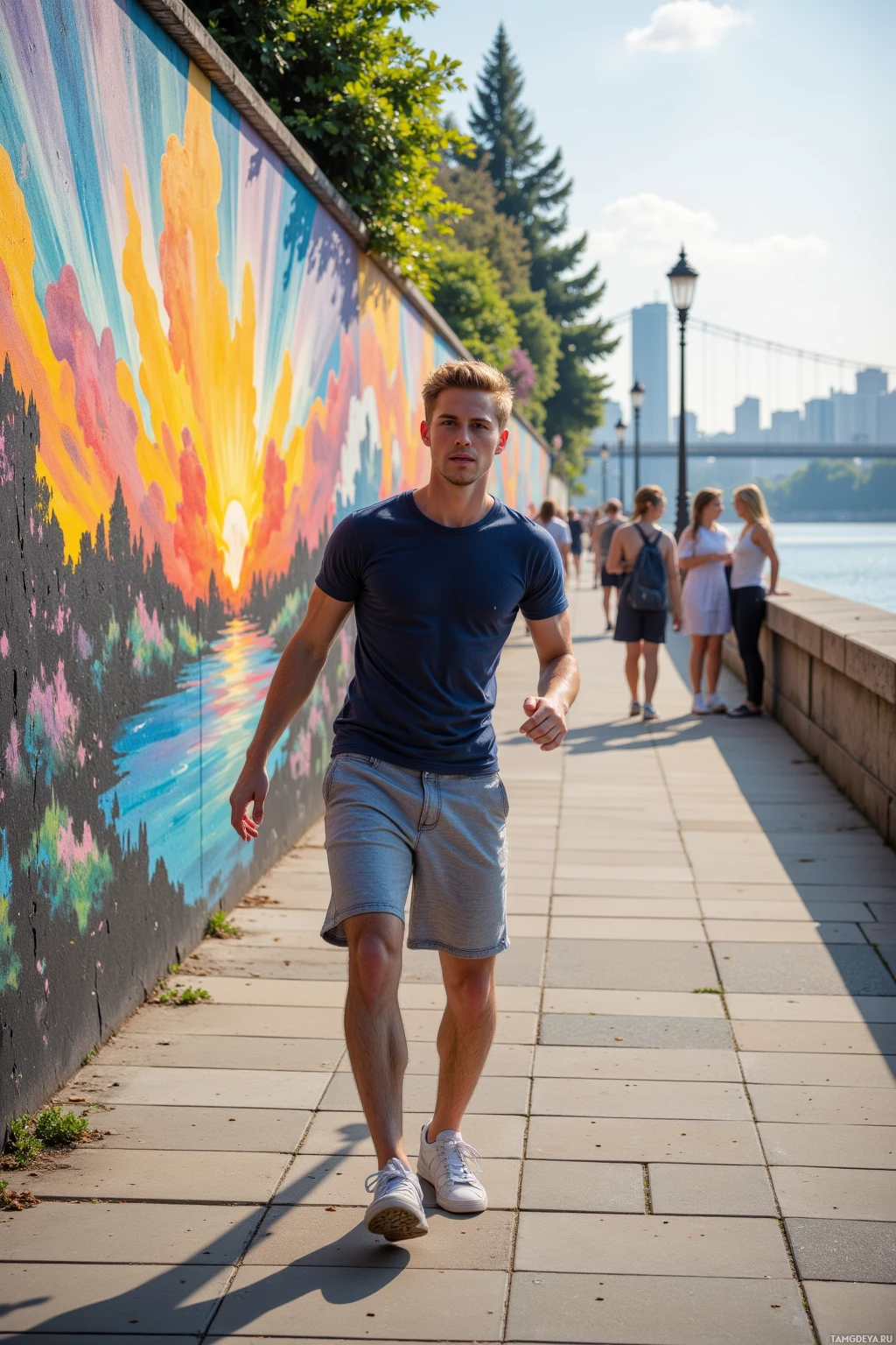 A person walks along a colorful mural-lined path near a waterfront.