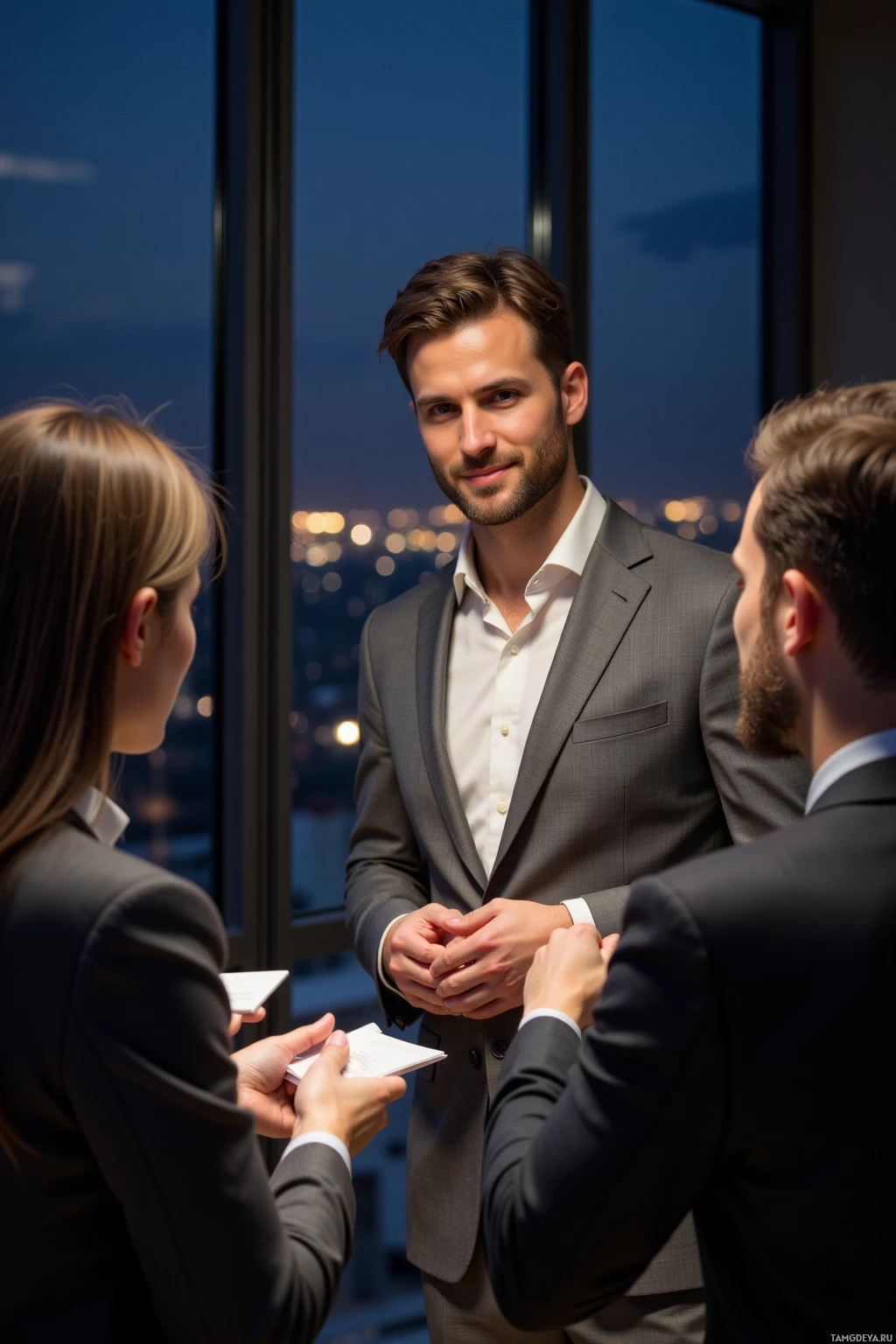 Three business professionals in formal attire are engaged in a conversation in an office setting with a cityscape view.