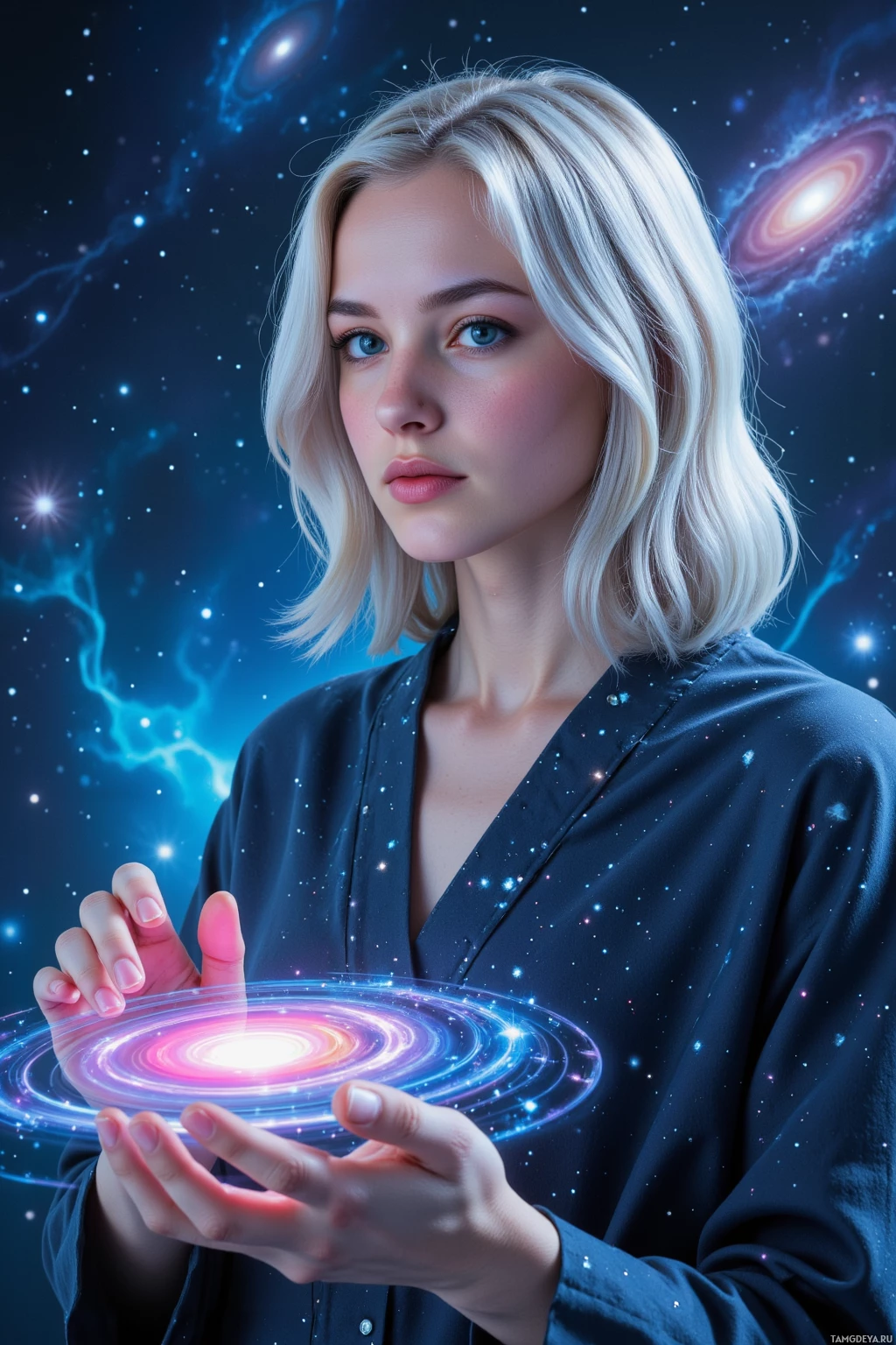 A person with blonde hair holds a glowing, swirling cosmic energy in their hands against a starry, galaxy-themed background.