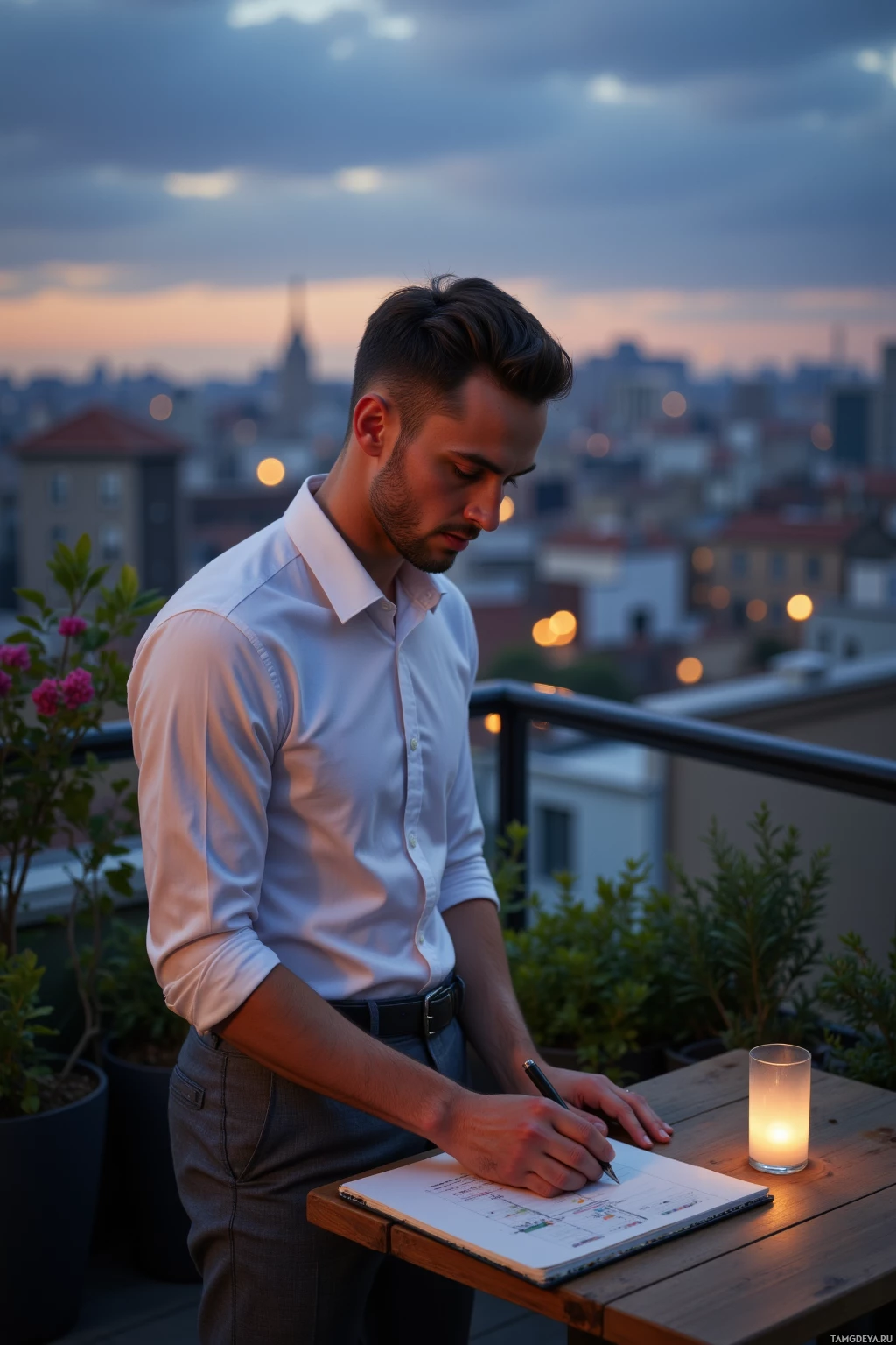 A man is writing in a notebook on a rooftop terrace at dusk.