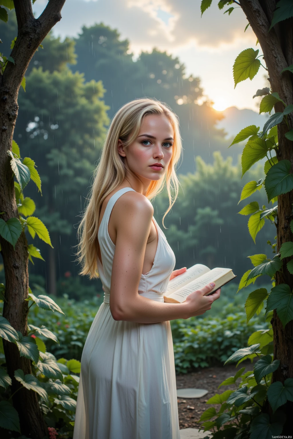 Realistic high quality photo. A 30‑year‑old woman with long flowing blonde hair, bright blue eyes, fair skin, wearing a simple white dress, standing in a rain‑soaked garden at dawn, stepping on damp earth, writing in a journal among lush vines and green leaves, soft mist, gentle sunlight breaking through storm clouds, calm determined expression.