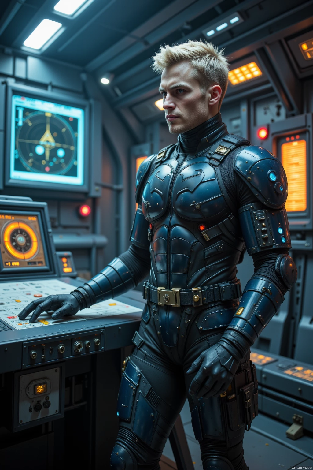 A person in a futuristic, armored suit stands in a high-tech control room.
