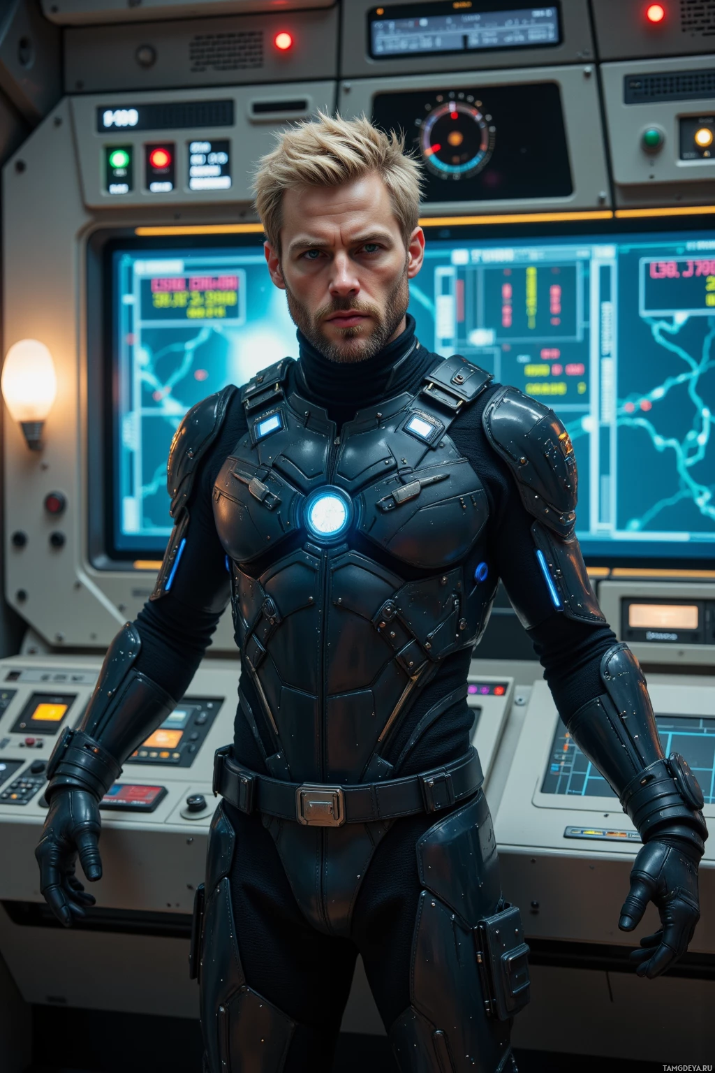 A person in a futuristic armored suit stands in a high-tech control room.