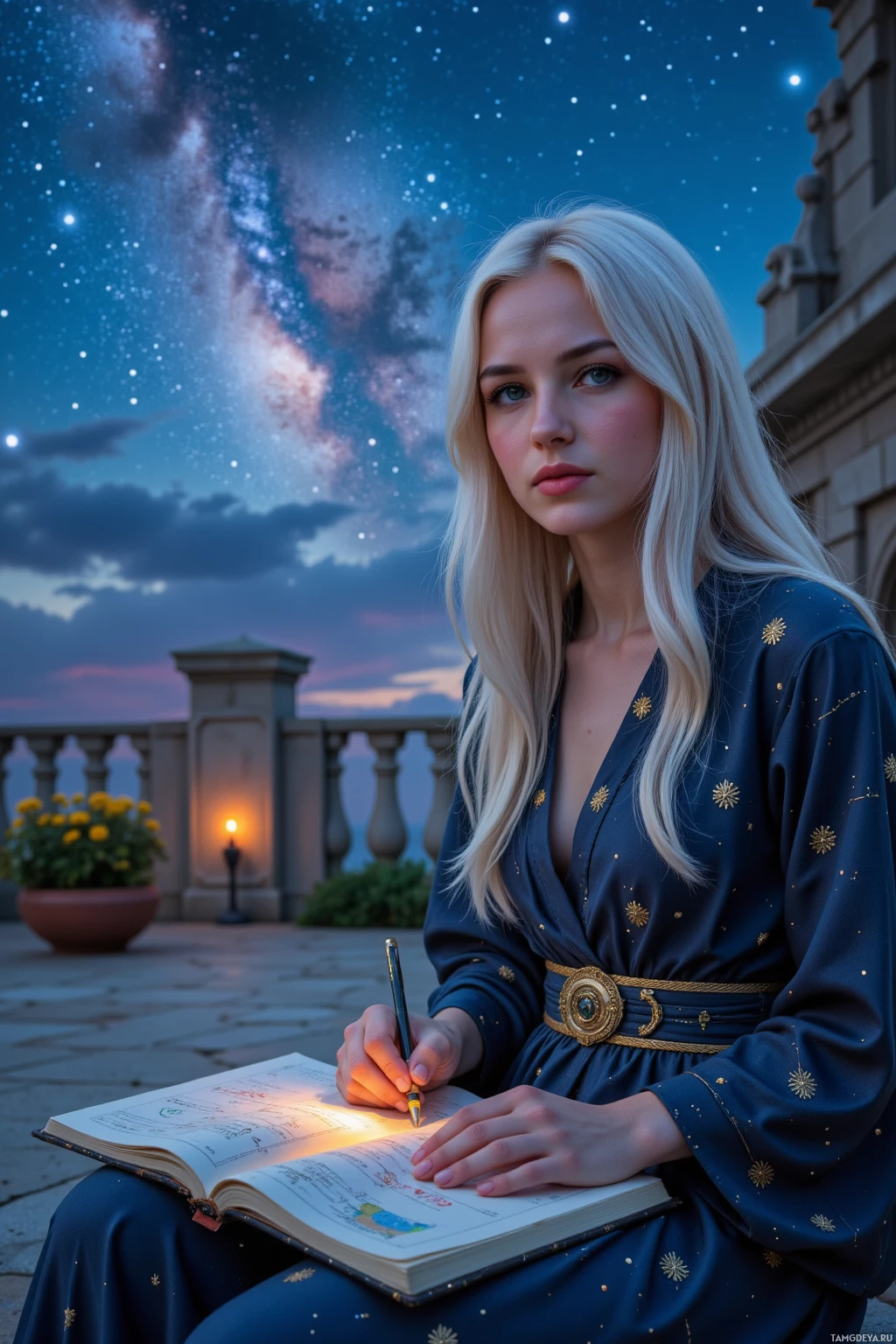 A person in a blue dress with gold accents sits on steps under a starry sky, writing in an open book illuminated by a small light source.