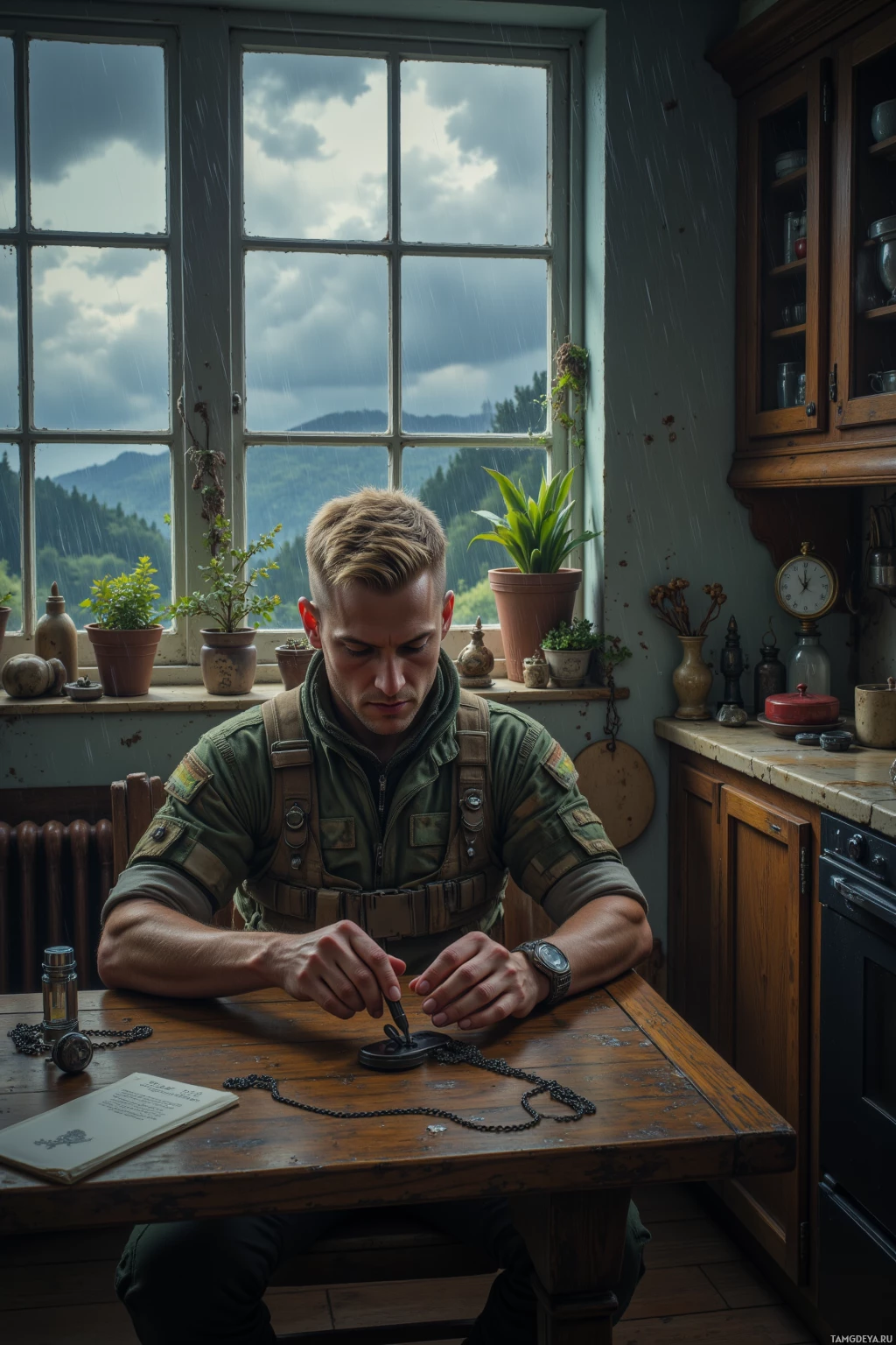 A person in military attire is seated at a wooden table, working on a small object with a pen.