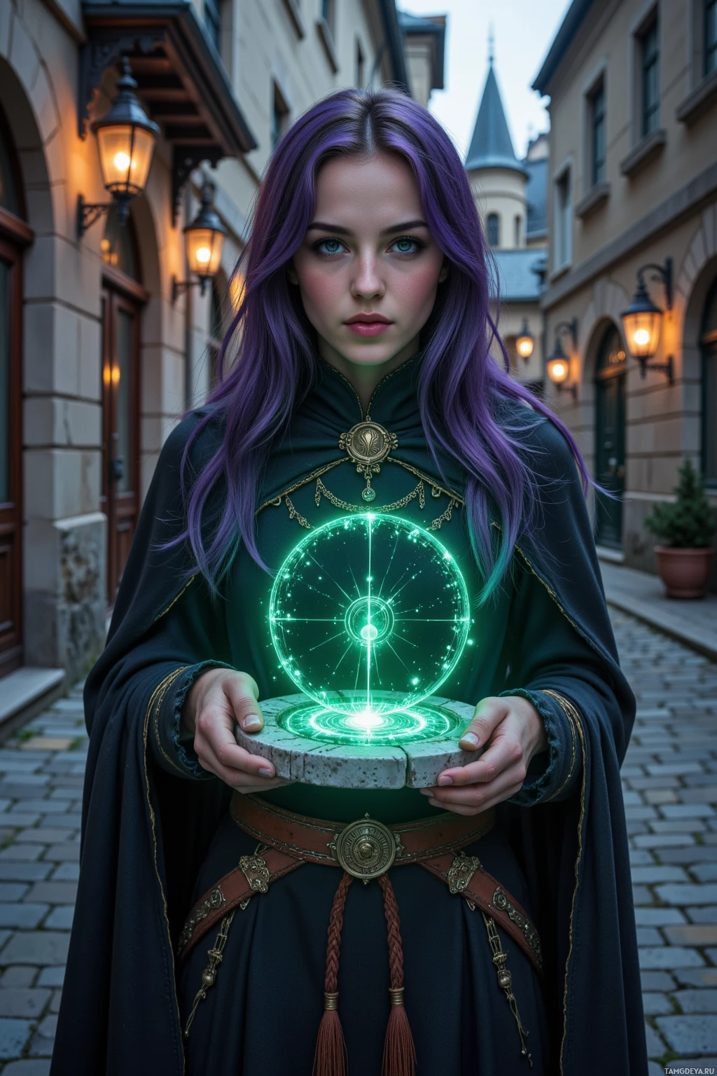 A person in a medieval-style outfit holds a glowing, circular object in a cobblestone street.