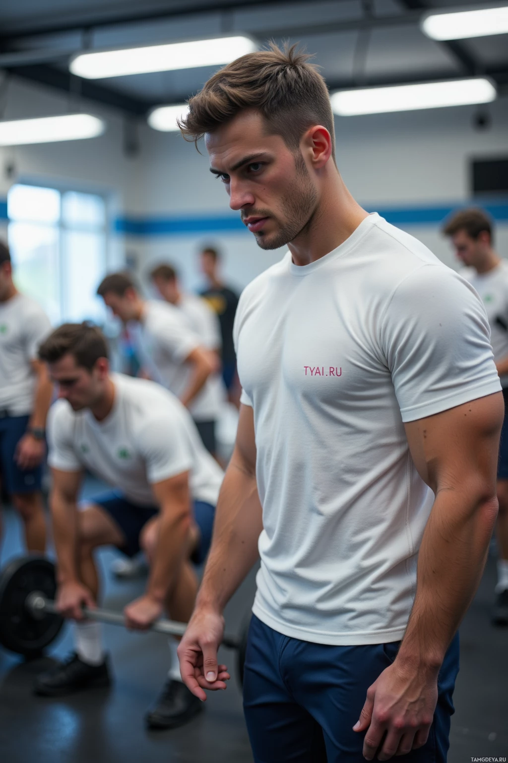 A man in a white t-shirt and blue pants stands in a gym setting with others working out in the background.