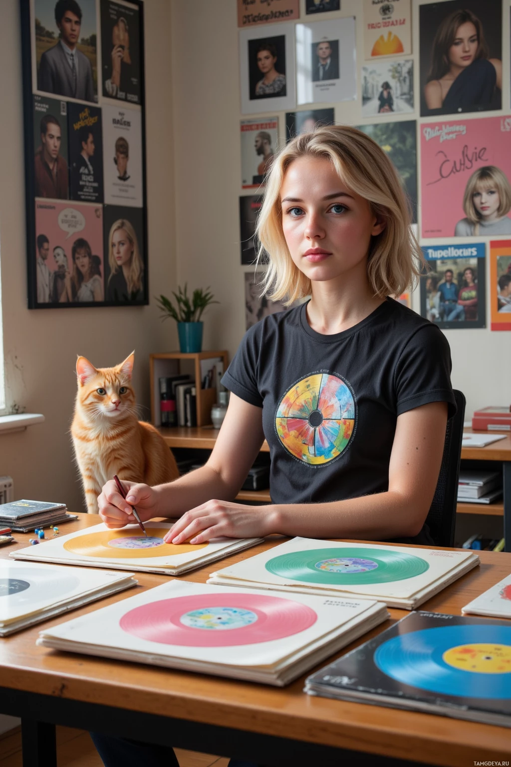 A person sits at a desk with colorful vinyl records and a cat nearby.