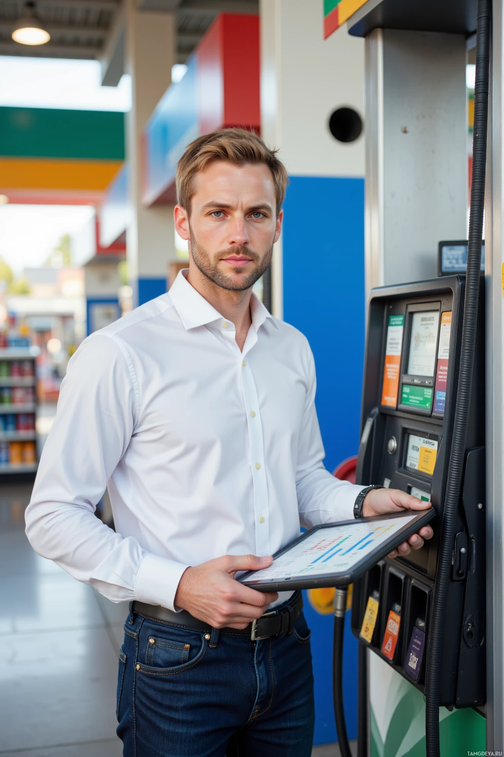 A man in a white shirt and jeans stands at a gas pump holding a tablet.