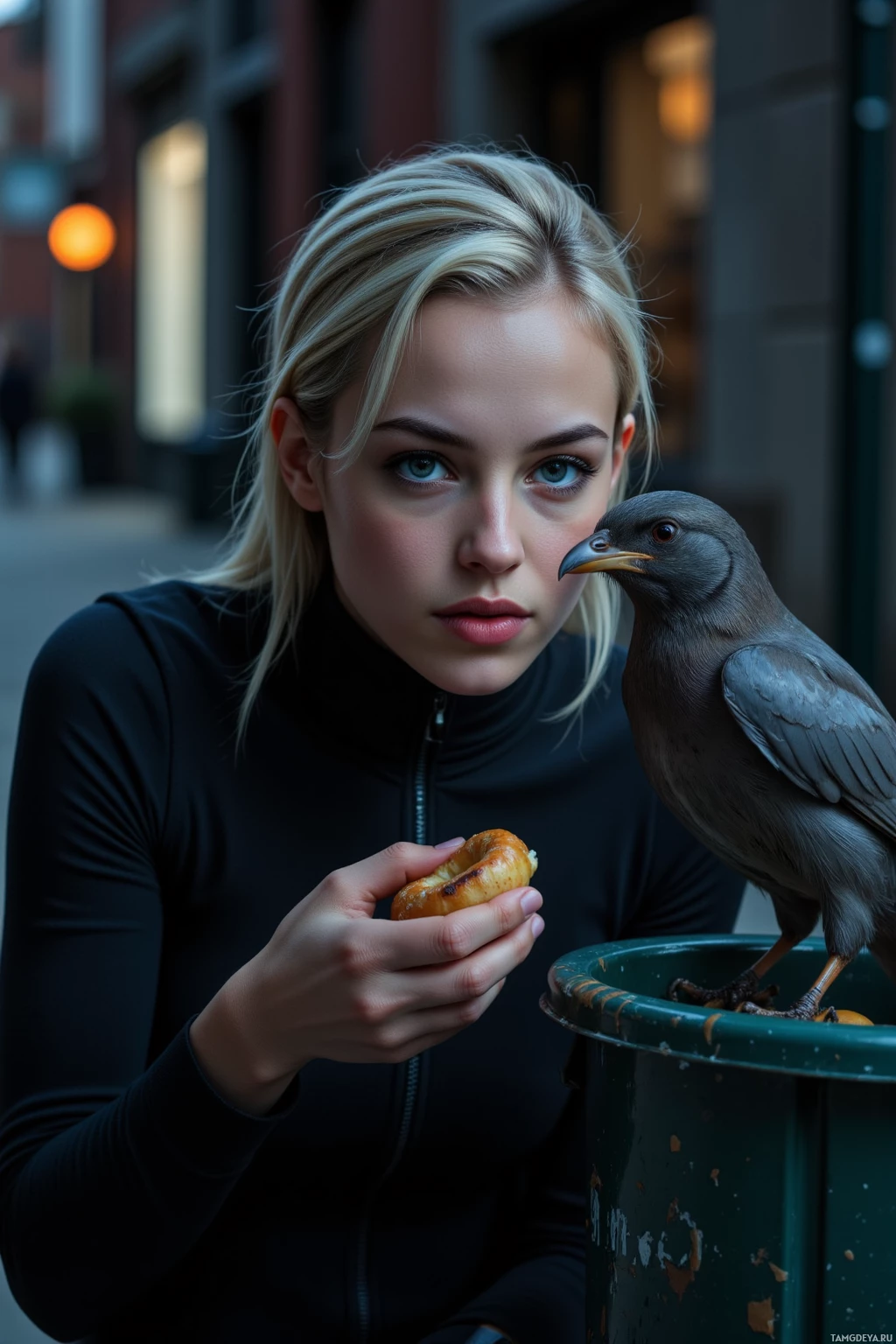 A person with a bird perched on their shoulder, holding a pastry.