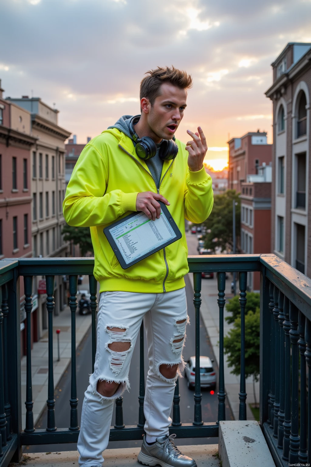 A person stands on a balcony at sunset, holding a tablet and gesturing with their hand while wearing headphones around their neck.