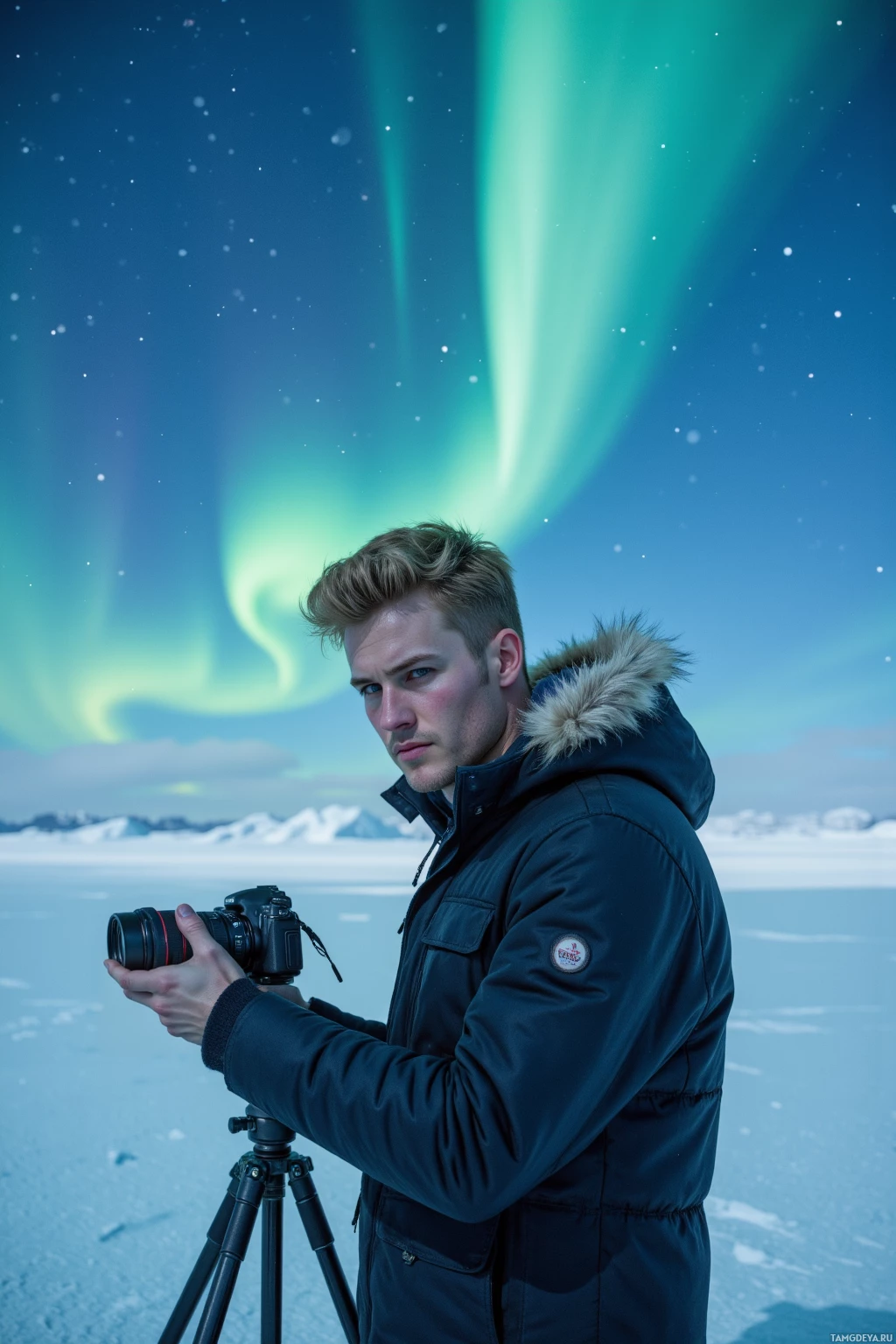 A person in a winter coat holding a camera stands in front of a snowy landscape with the Northern Lights in the sky.