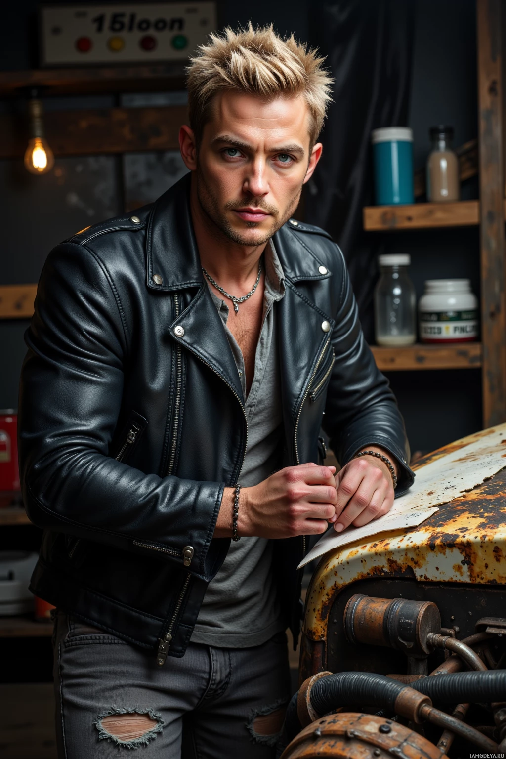A man in a leather jacket and ripped jeans stands near an old vehicle in a garage setting.