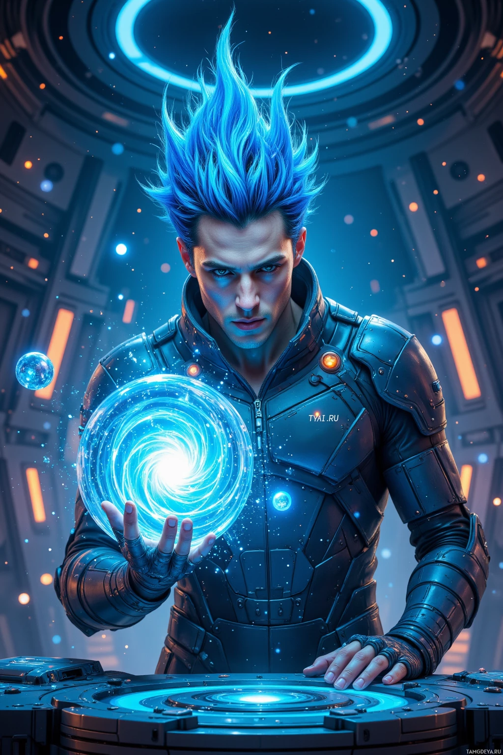 A futuristic character in a high-tech suit holds a glowing blue energy sphere.
