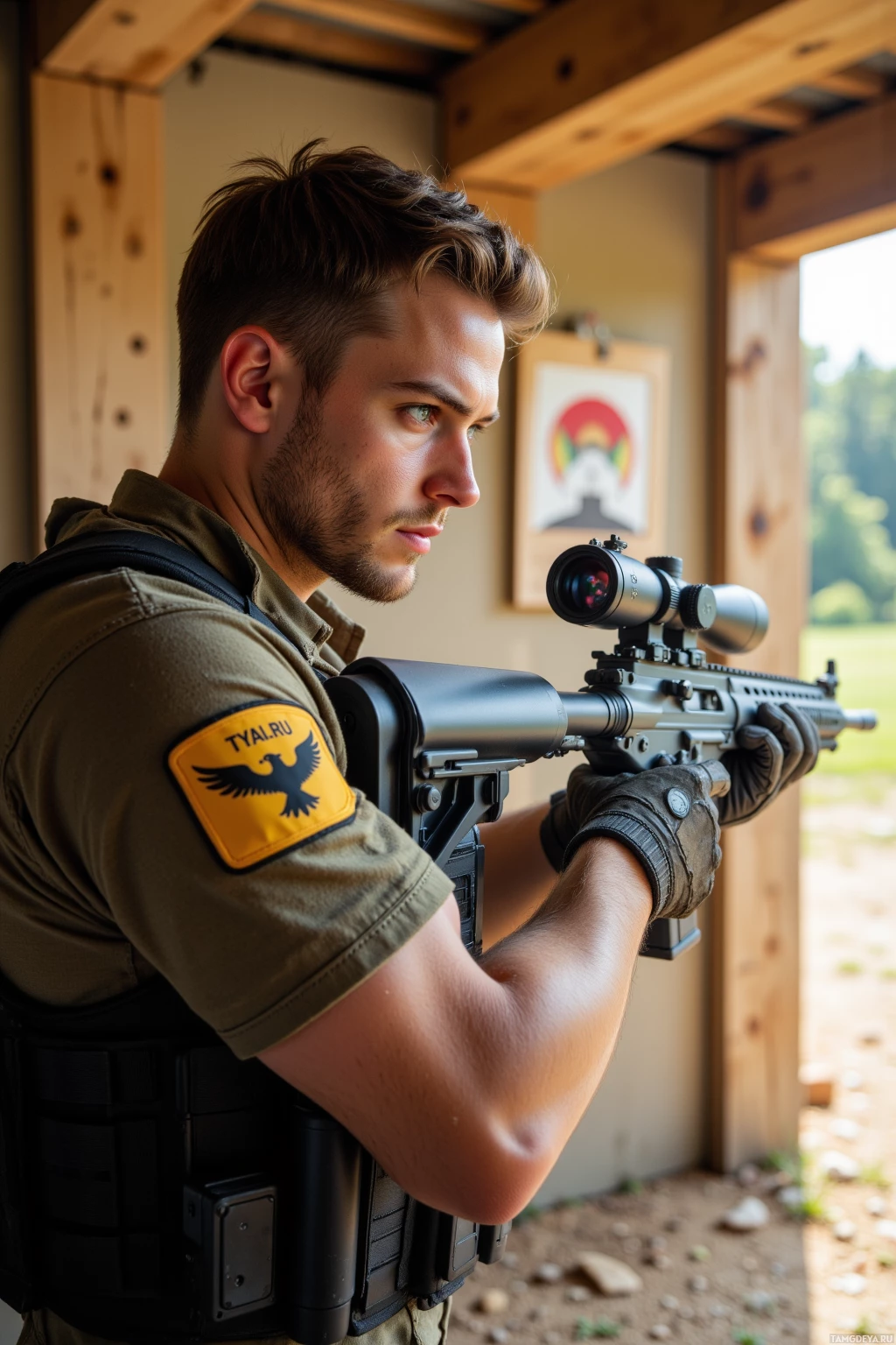 A person in tactical gear aims a rifle with a scope at an outdoor shooting range.