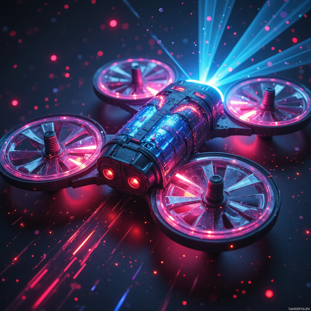 A futuristic vehicle with glowing wheels and lights against a dark, starry background.