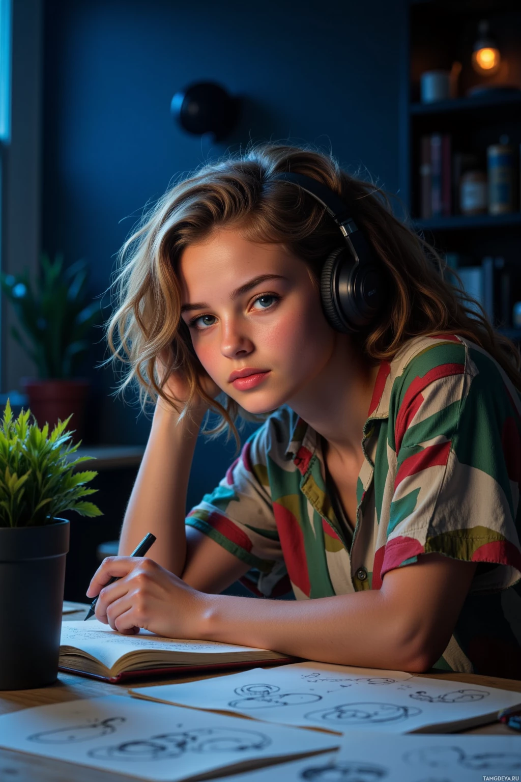 A young person wearing headphones is sitting at a desk, drawing or writing in a notebook.