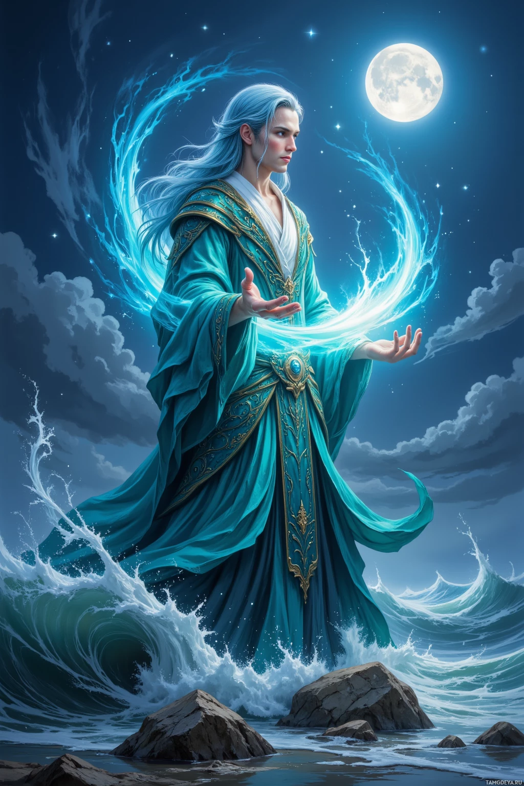 A figure in an ornate blue robe stands amidst swirling waves under a moonlit sky.