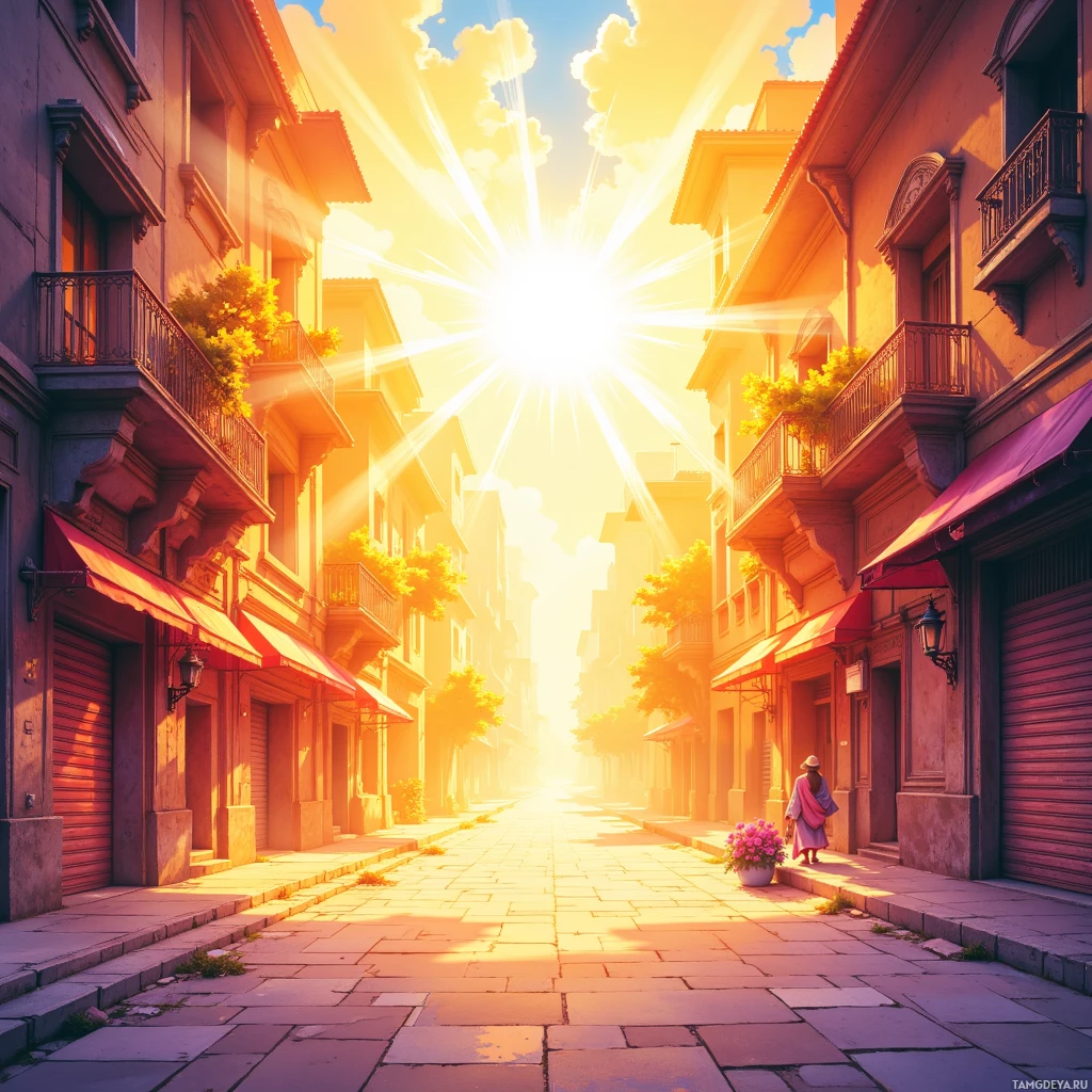 A sunlit street lined with buildings and awnings, casting warm light on the scene.