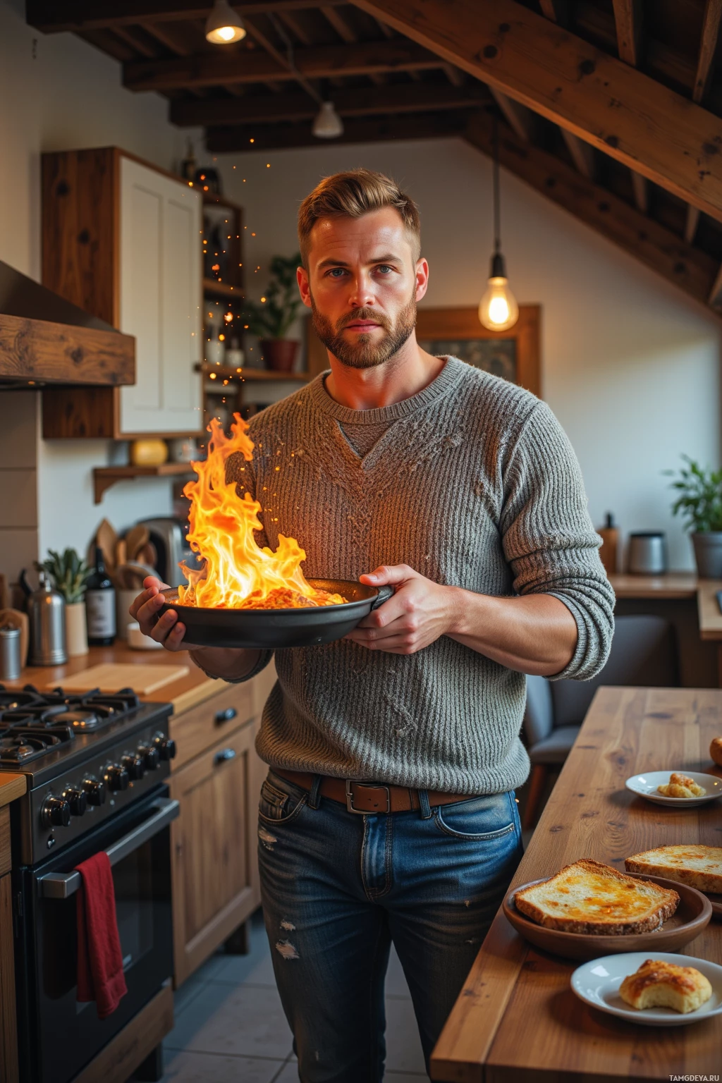 A man stands in a kitchen holding a flaming pan.