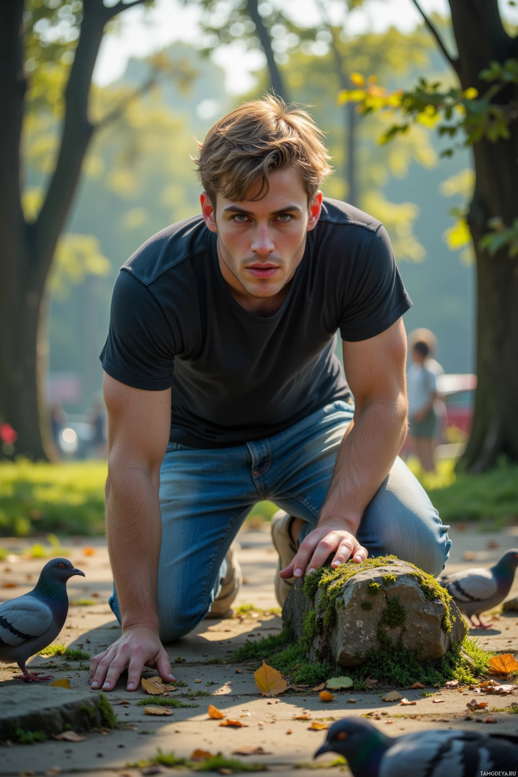 A person crouches near a moss-covered rock in a park, surrounded by pigeons.