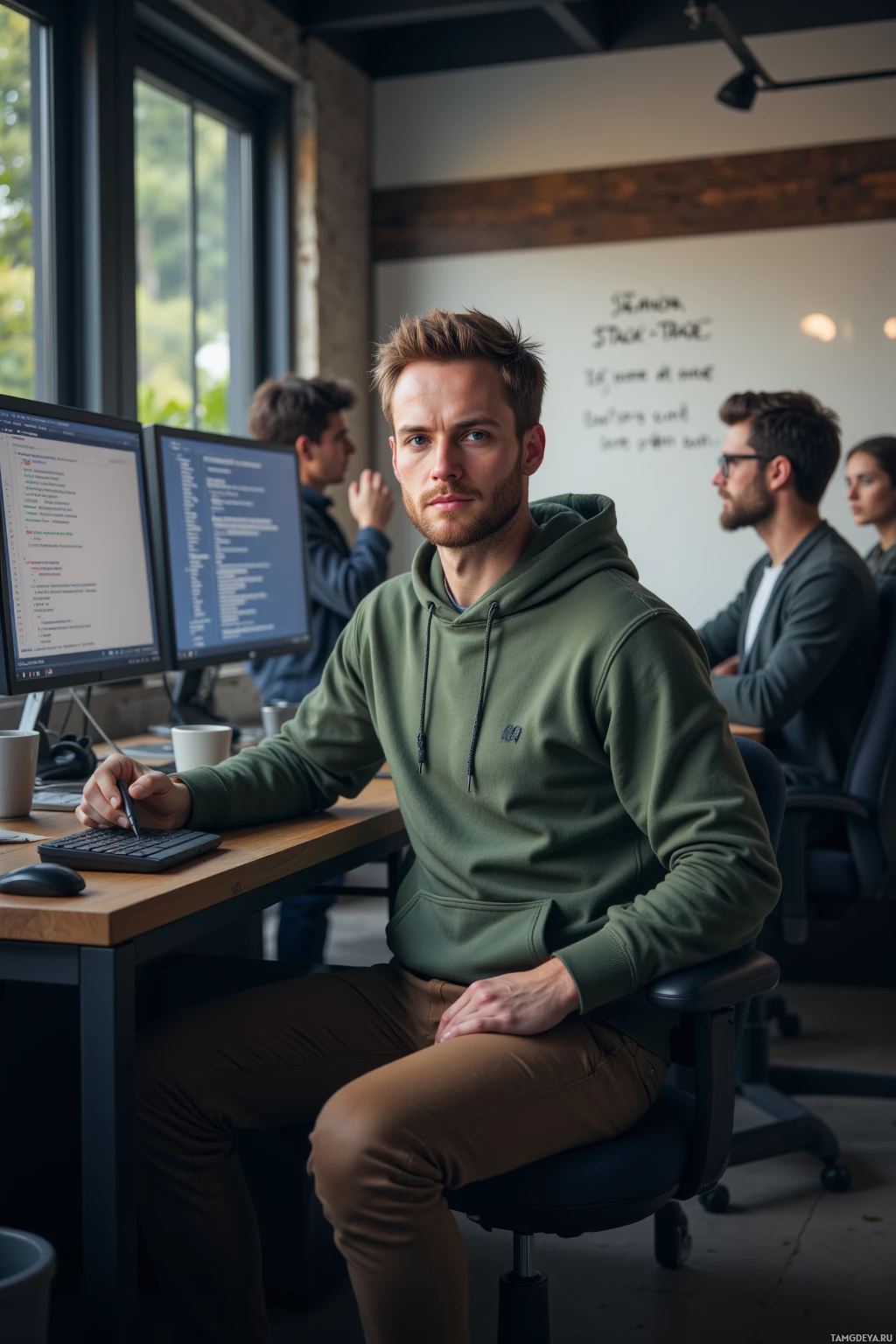 A person in a green hoodie sits at a desk with two computer monitors displaying code, surrounded by others working in an office setting.