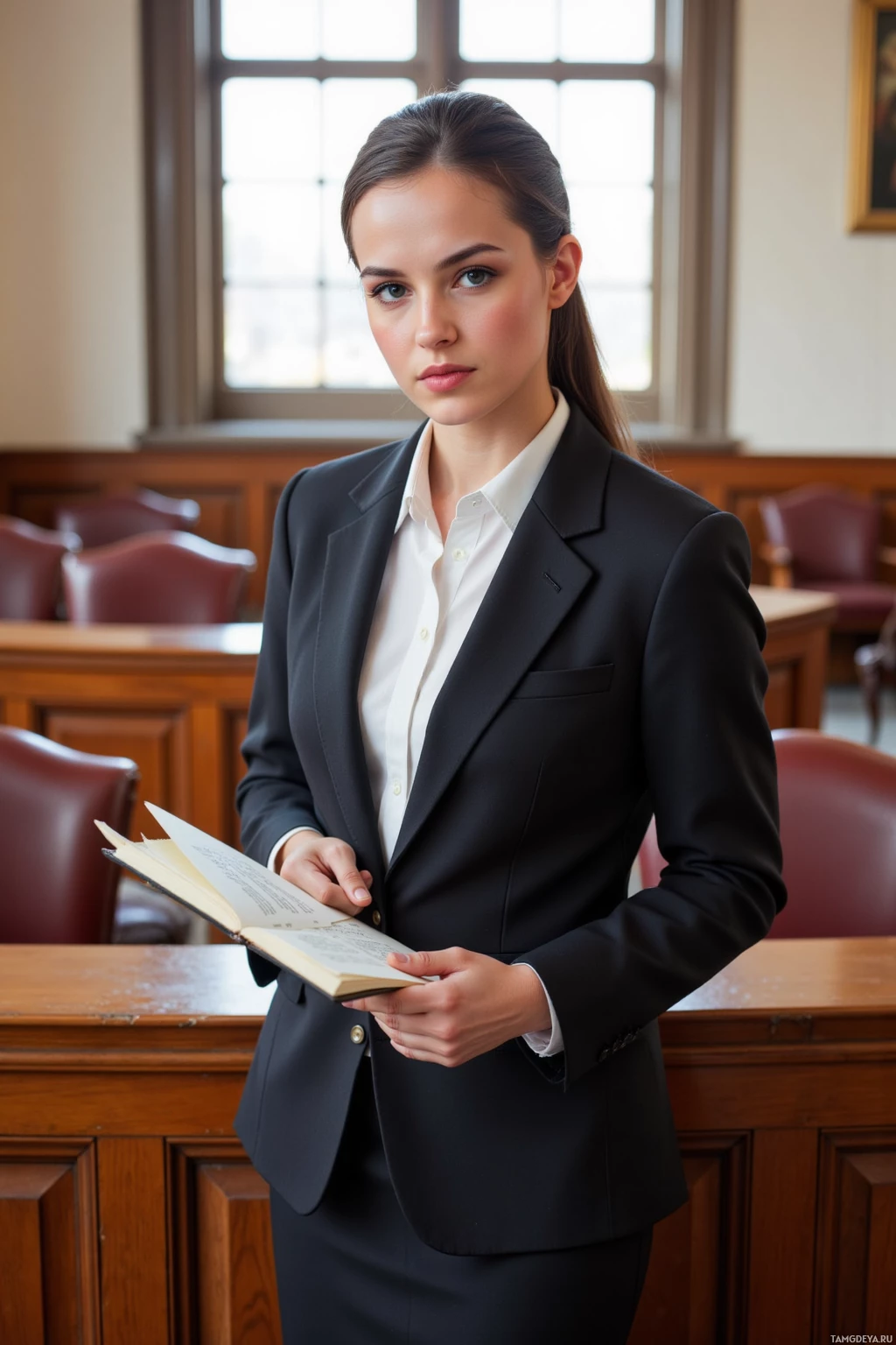 A woman in formal attire stands holding an open book in what appears to be a courtroom setting.