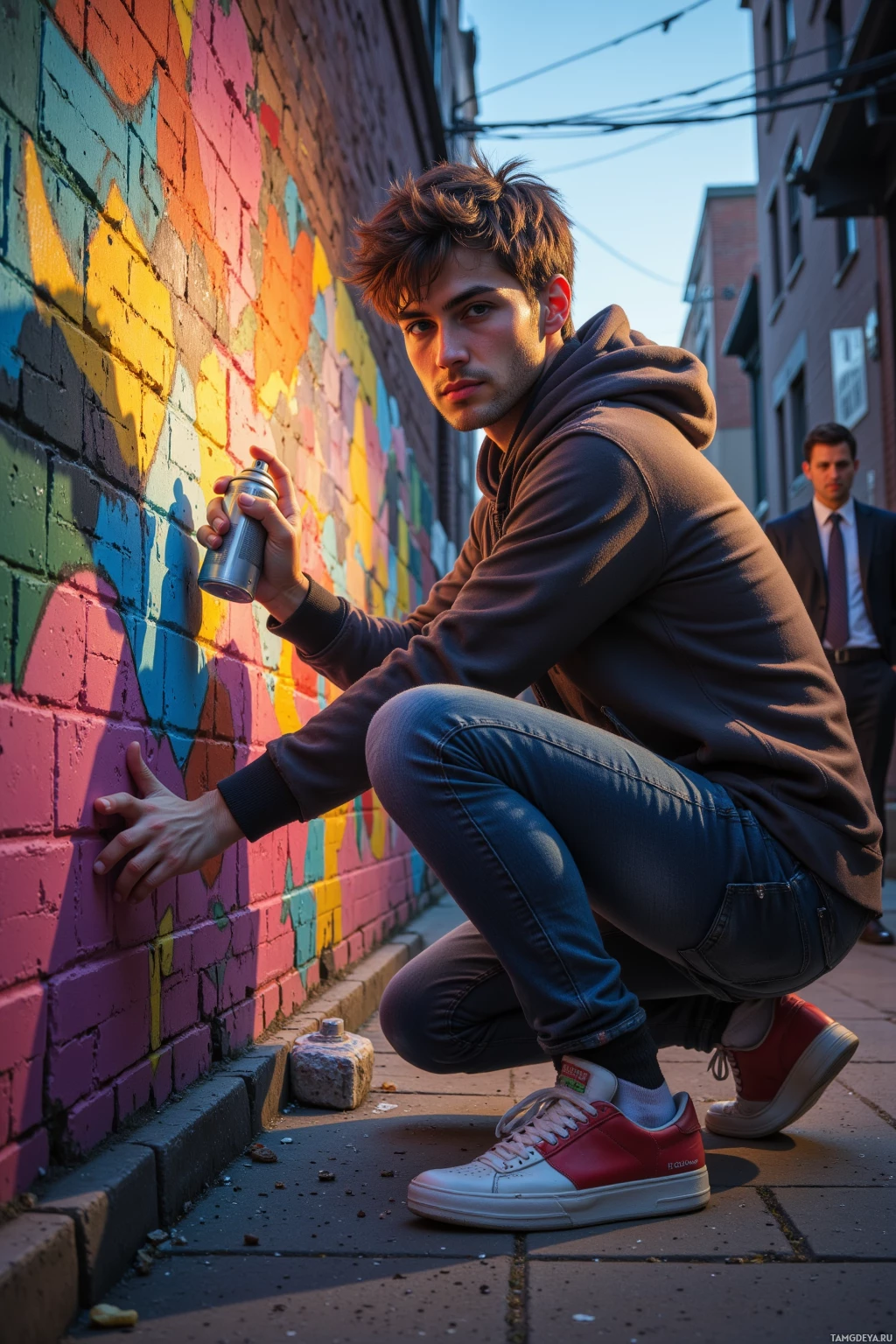 A person crouches in front of a colorful graffiti wall while holding a spray paint can.