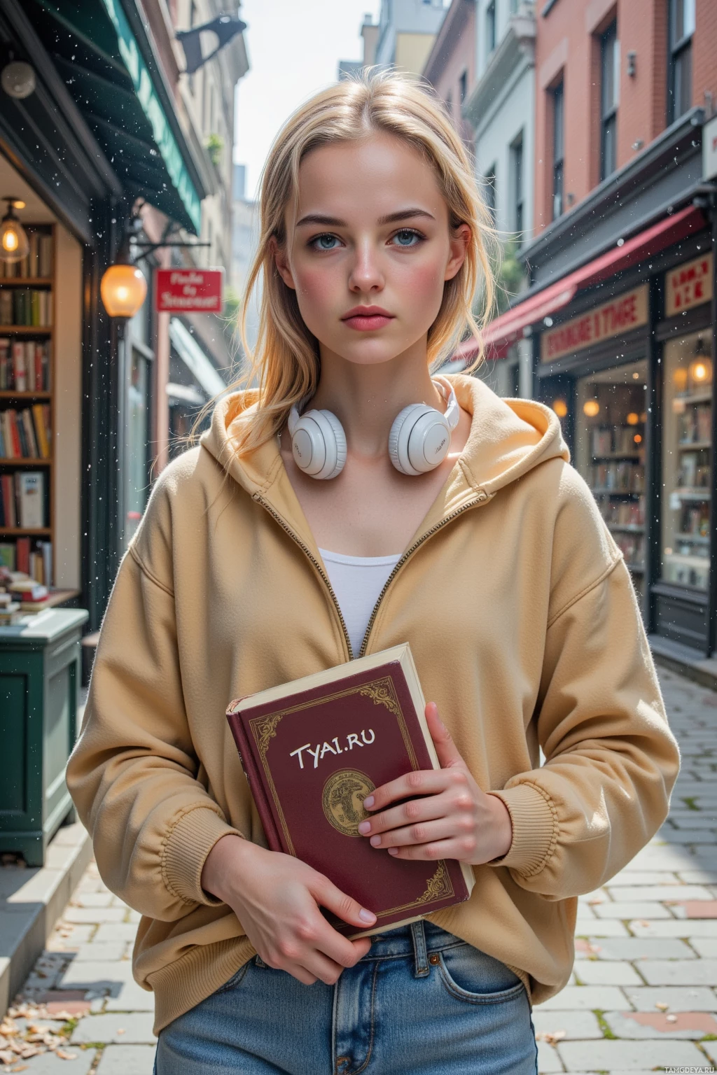 A person wearing a beige hoodie and jeans stands on a street, holding a book and wearing white headphones.