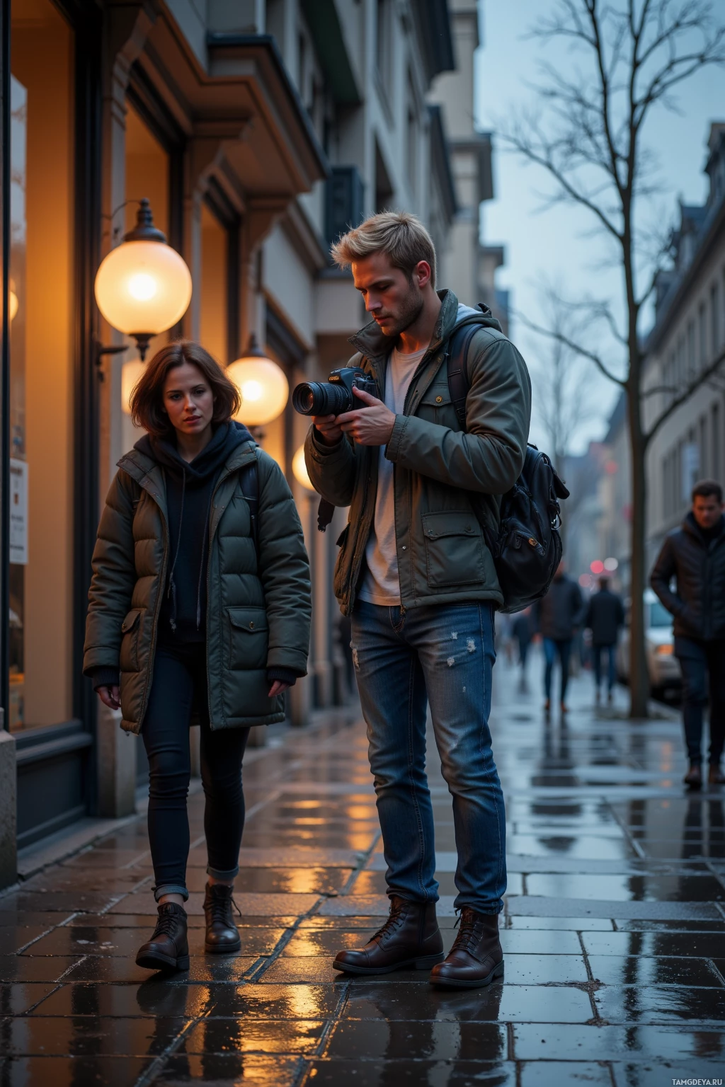 A man and woman walk on a wet street at dusk; the man is holding a camera while looking down.