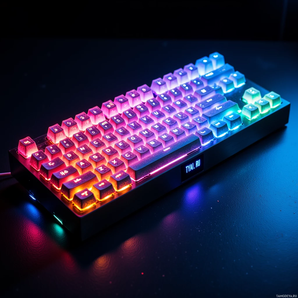 A backlit mechanical keyboard with colorful RGB lighting.