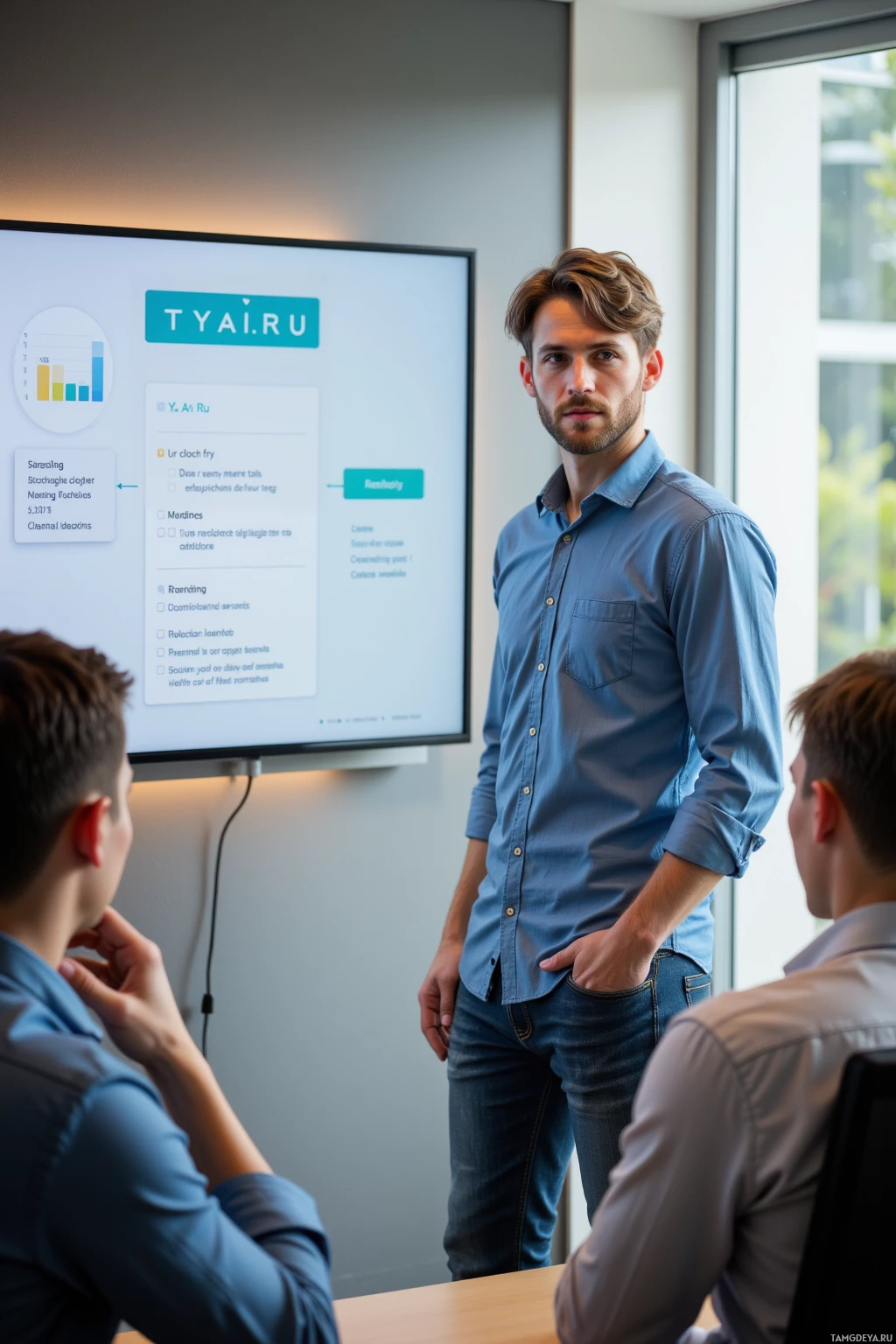 A man stands in front of a presentation screen during a meeting.
