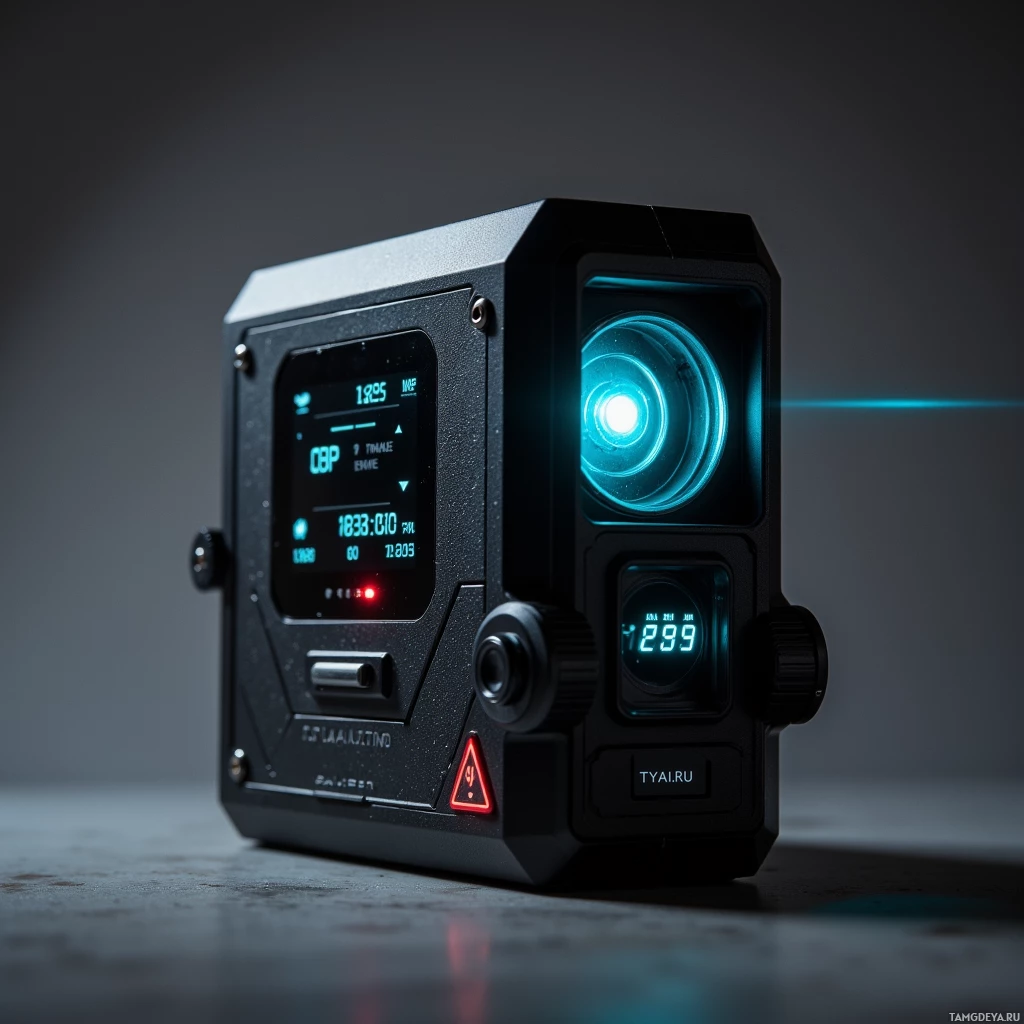 A futuristic device with a glowing blue light and digital display.