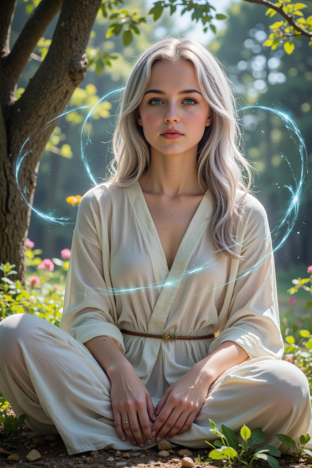 A person in light-colored attire sits cross-legged outdoors with glowing blue energy swirling around them.