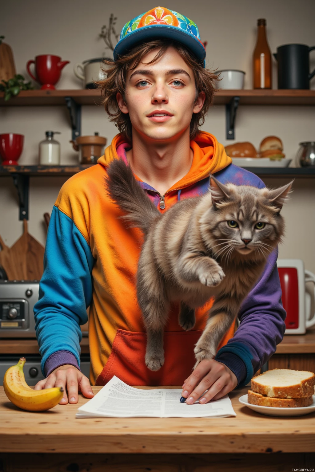 A person in a colorful hoodie holds a cat while standing at a kitchen counter with a banana and bread.