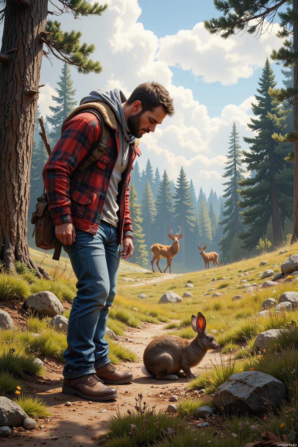 A man in a plaid shirt and jeans stands on a forest path, observing a rabbit and two deer in a serene, natural setting.
