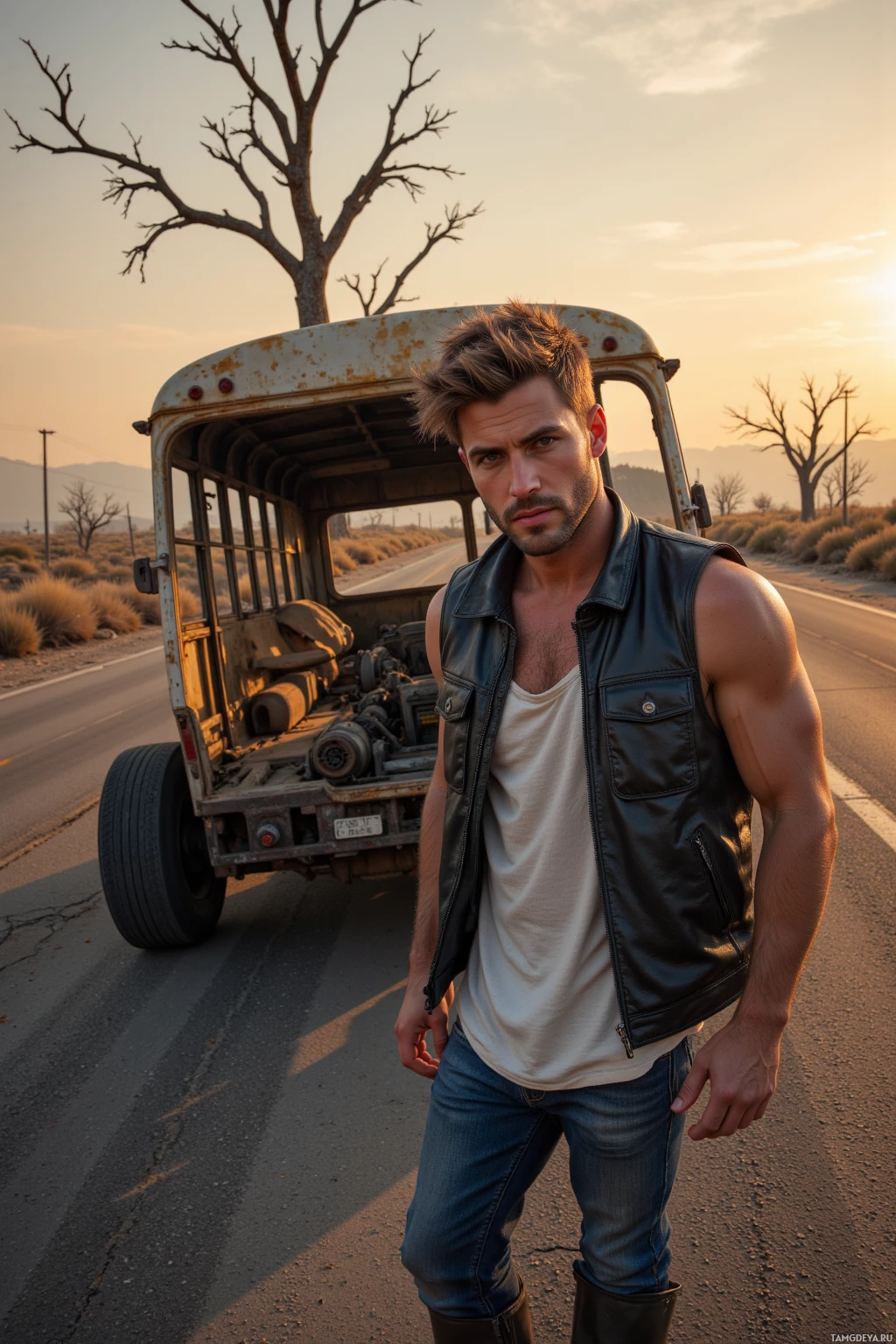 A man stands on a road with an old bus in the background during sunset.