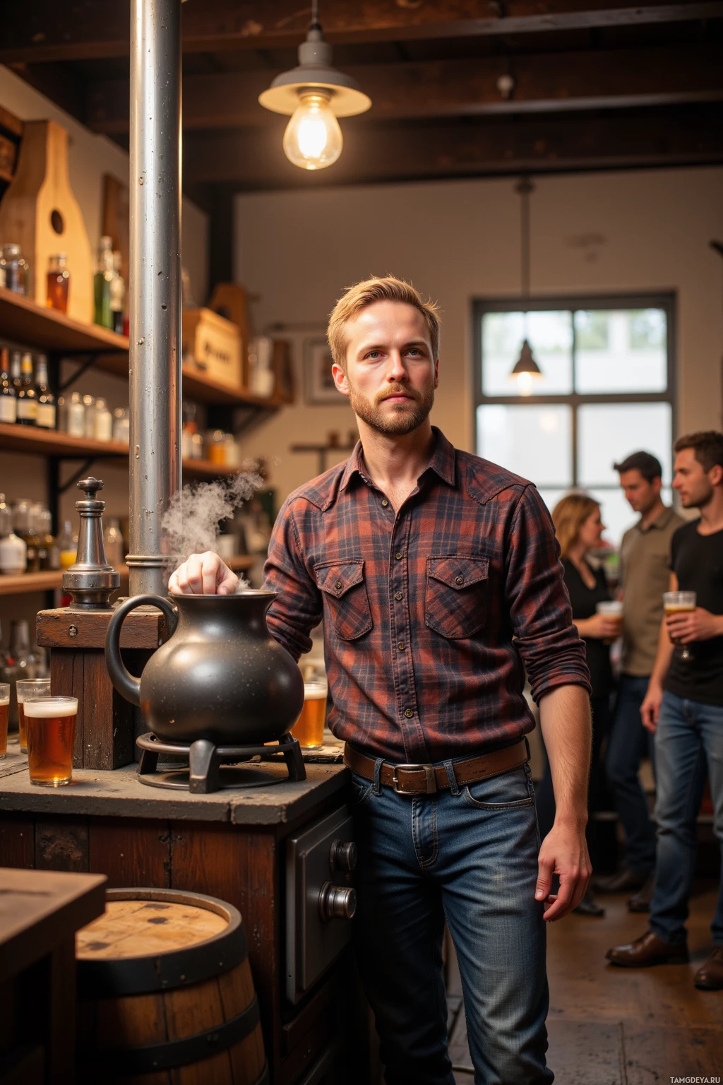 A man in a plaid shirt stands in a cozy bar, holding a steaming pot.