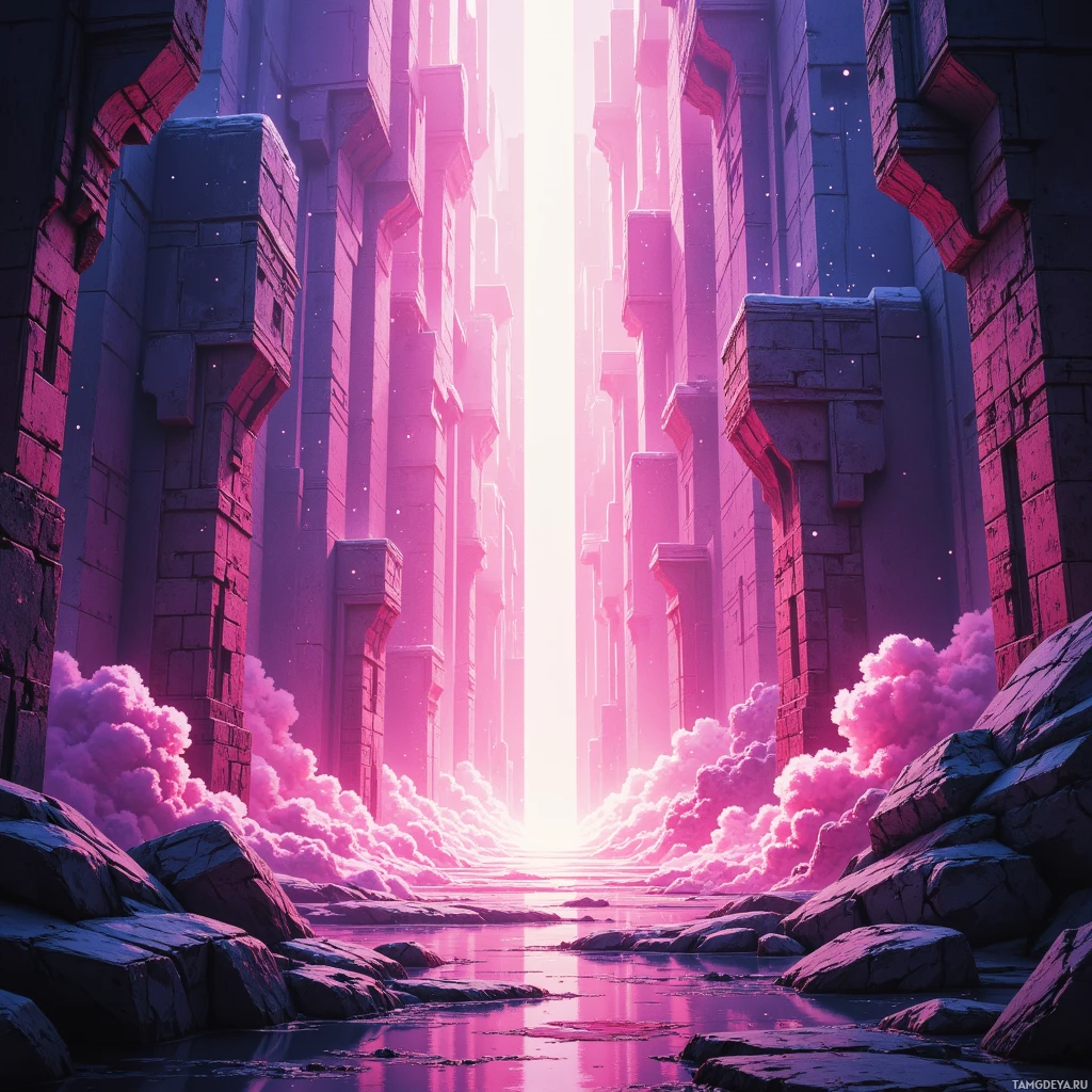 A surreal, ethereal scene featuring towering stone structures with a glowing light source at the end of a narrow passageway, surrounded by pink clouds and rocky terrain.