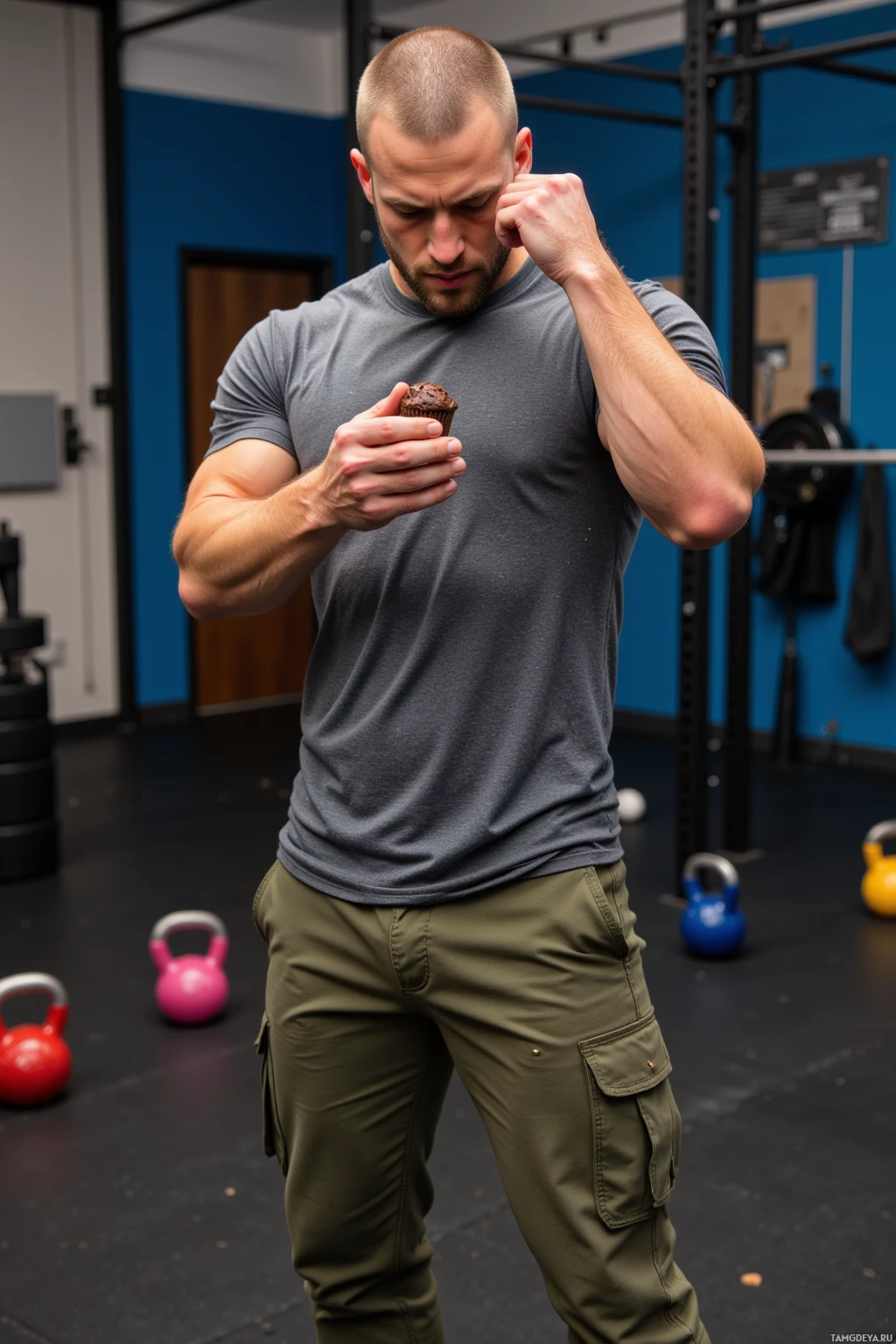 A man in a gym holds a muffin while adjusting his hair with one hand.