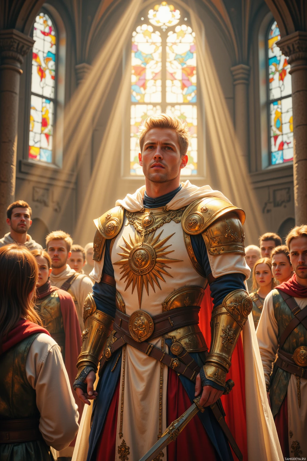 A person in ornate golden armor stands in a grand hall with stained glass windows.