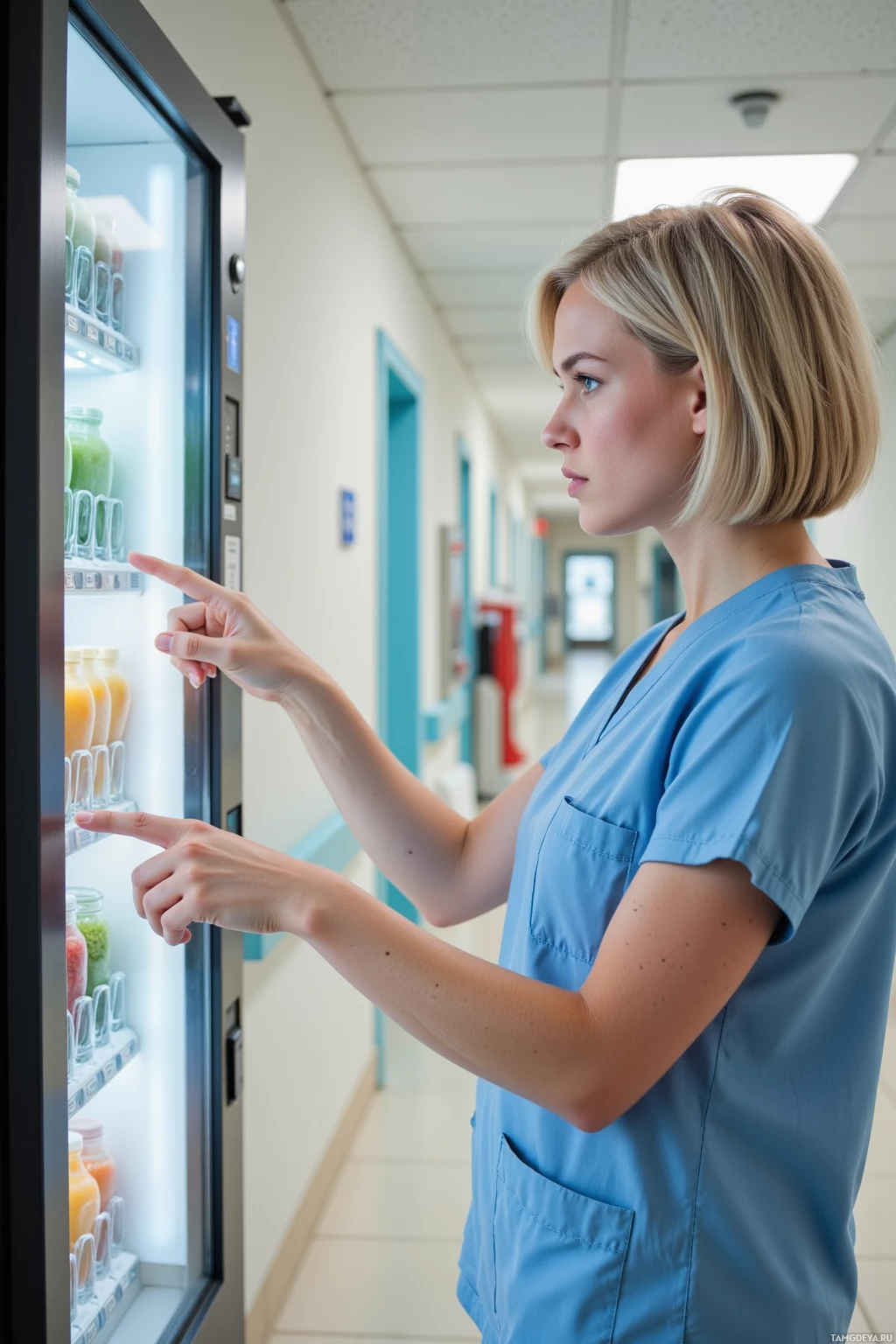 A person in scrubs selects items from a vending machine in a hallway.