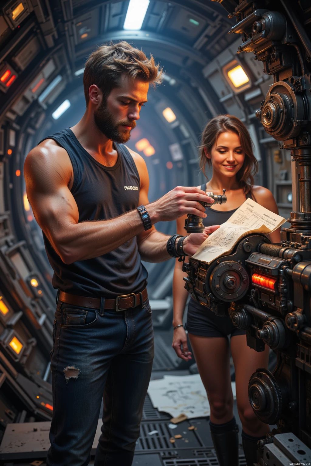 Two individuals are working on a mechanical device in a futuristic setting.