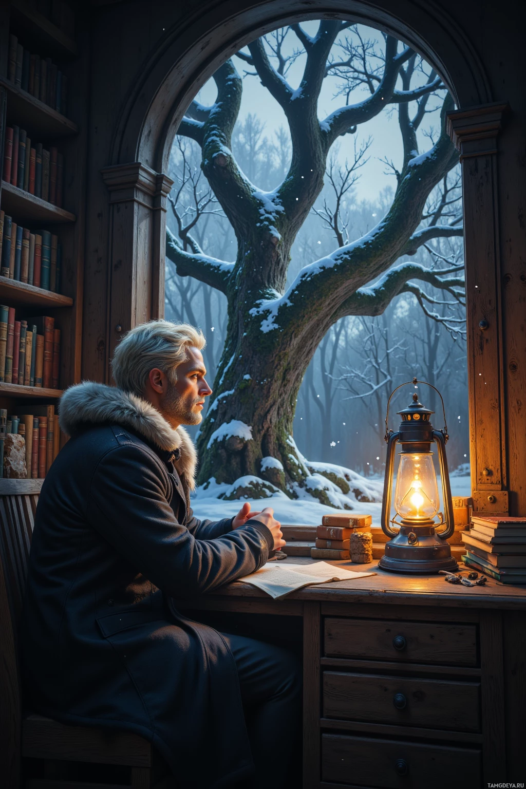 A man sits at a desk in a cozy room, gazing out a window at a snowy forest.