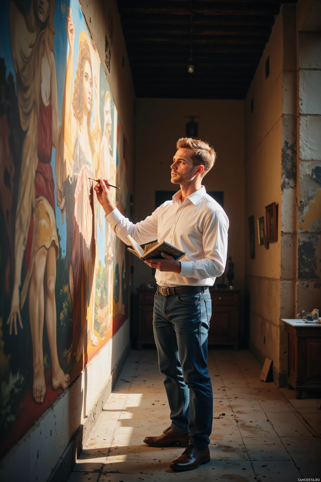 A man in a white shirt and jeans stands in a sunlit hallway, holding a book and a paintbrush, working on a large mural.