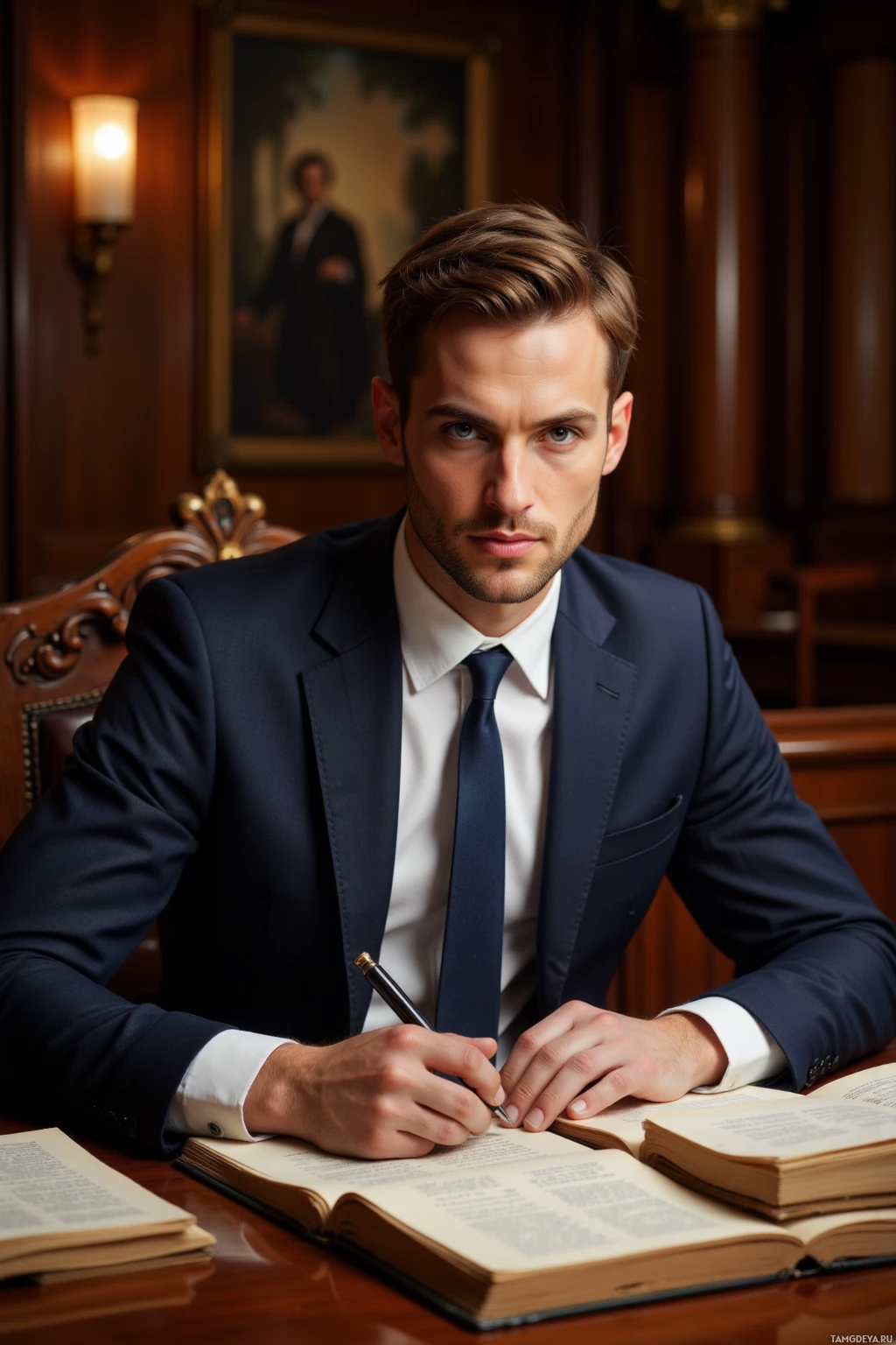 A man in formal attire is seated at a desk with books and a pen, appearing to study or work.