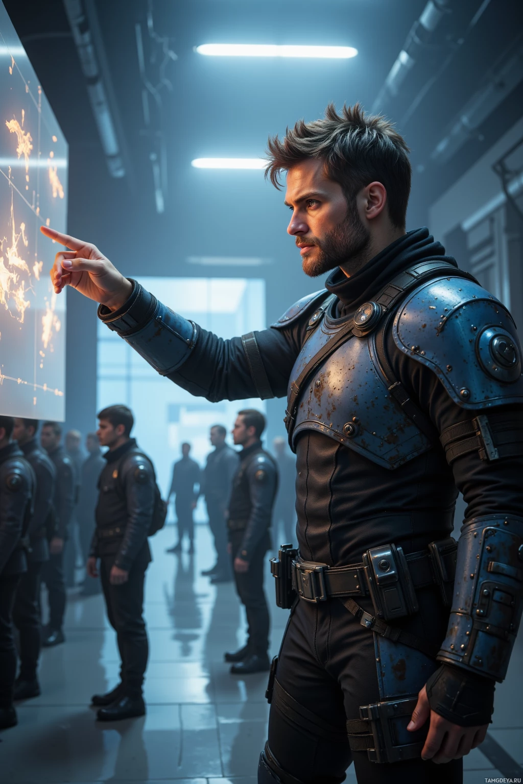 A person in futuristic armor points at a screen while others stand in the background.