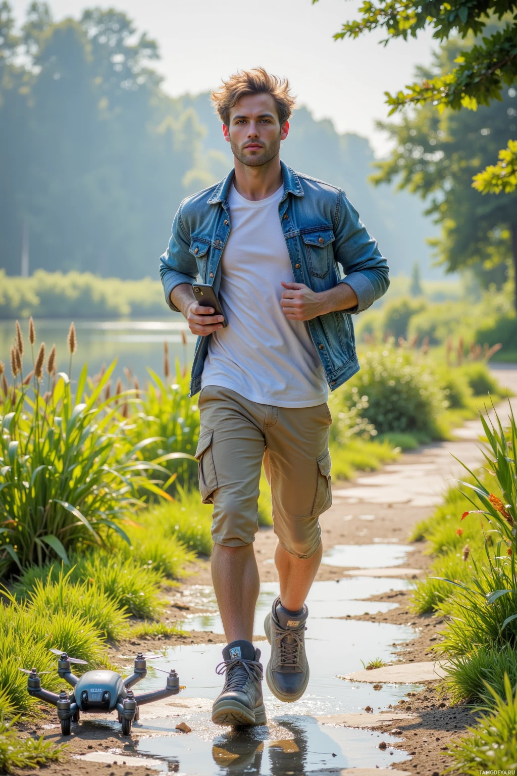 A person walks along a path near a body of water, holding a phone and wearing casual outdoor attire.